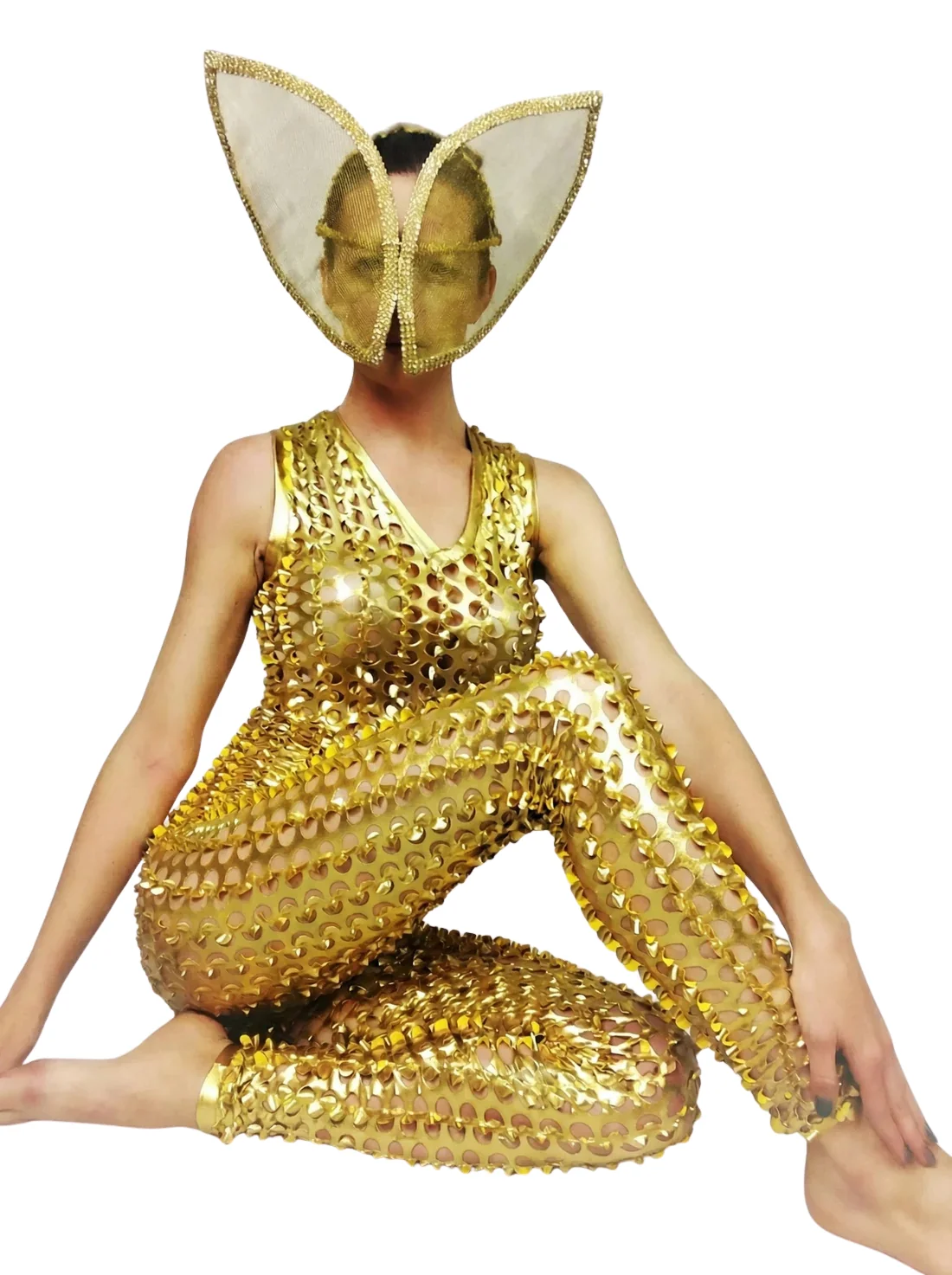 Gold Hollow Out Catsuit, Scoop Neckline, Sleeveless - Image 6