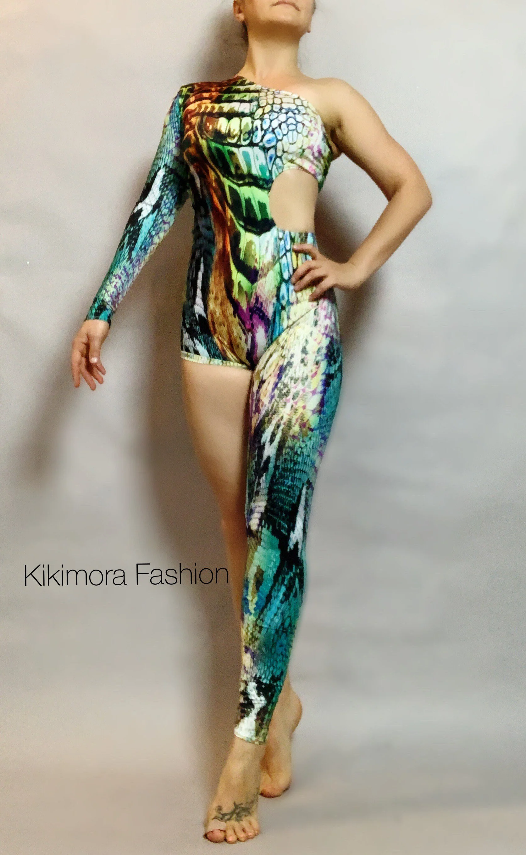 Asymmetrical Snake Print Catsuit, Spandex Contortionist Unitard - Image 4