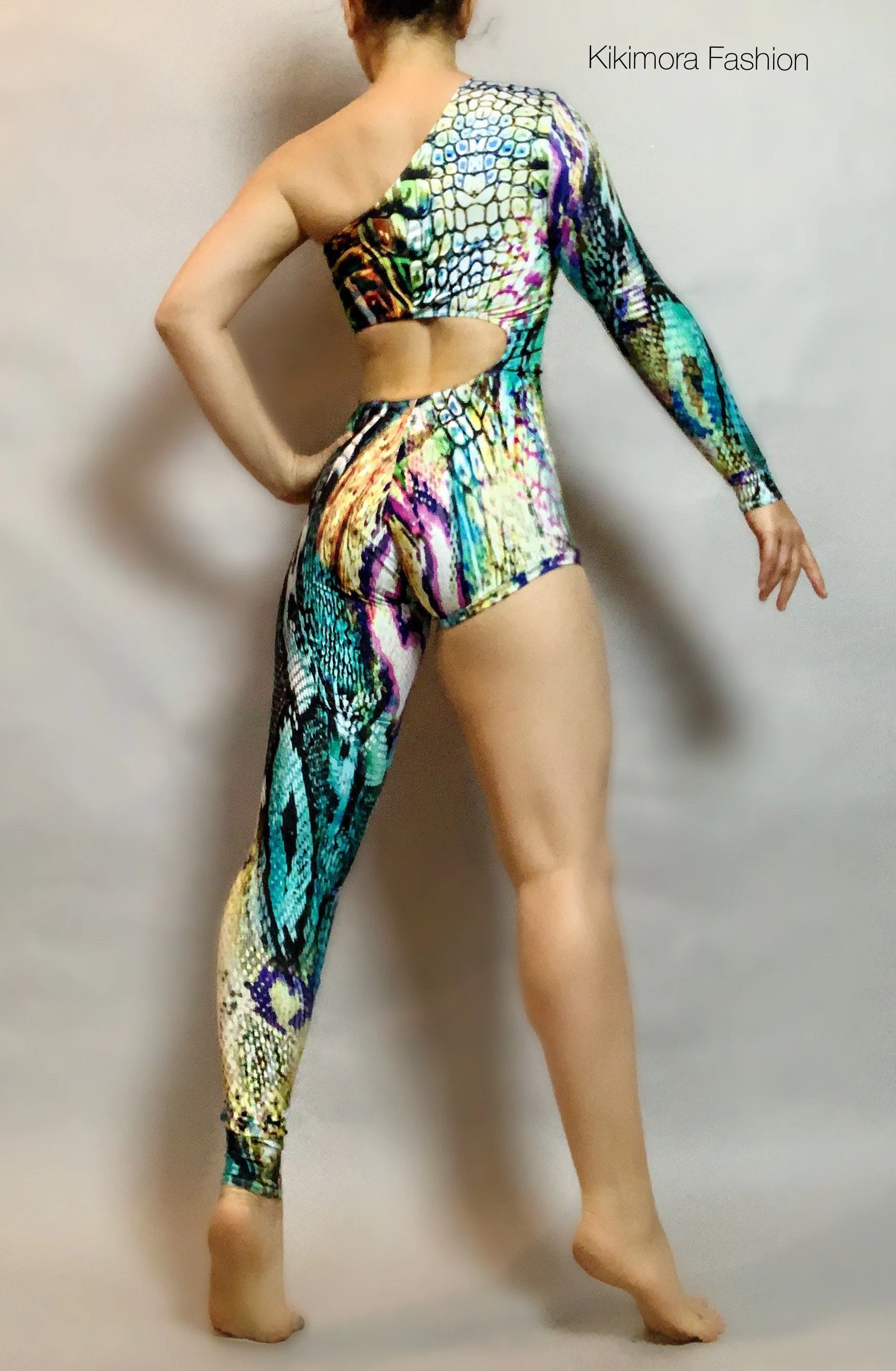 Asymmetrical Snake Print Catsuit, Spandex Contortionist Unitard - Image 5