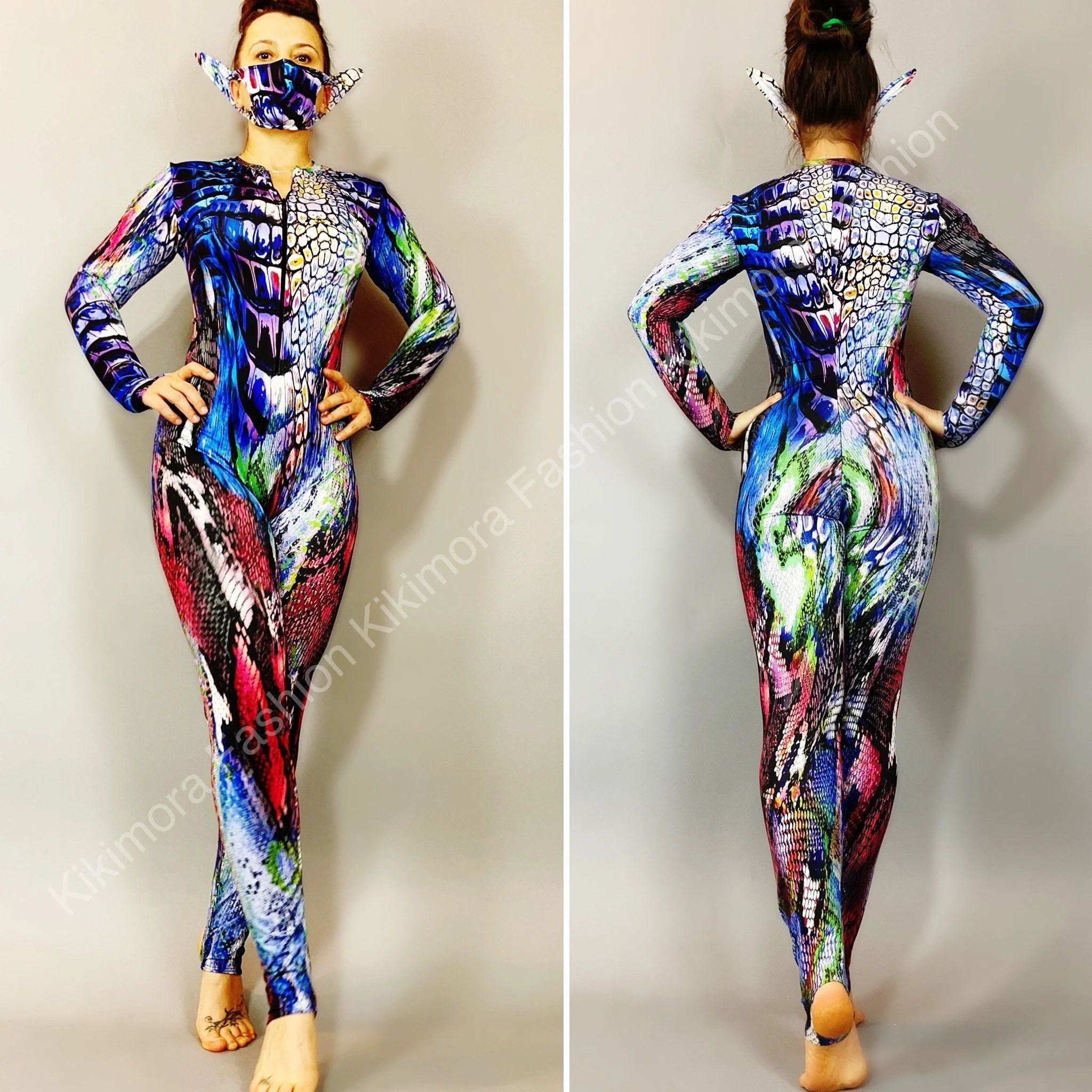 Asymmetrical Snake Print Catsuit, Spandex Contortionist Unitard - Image 9