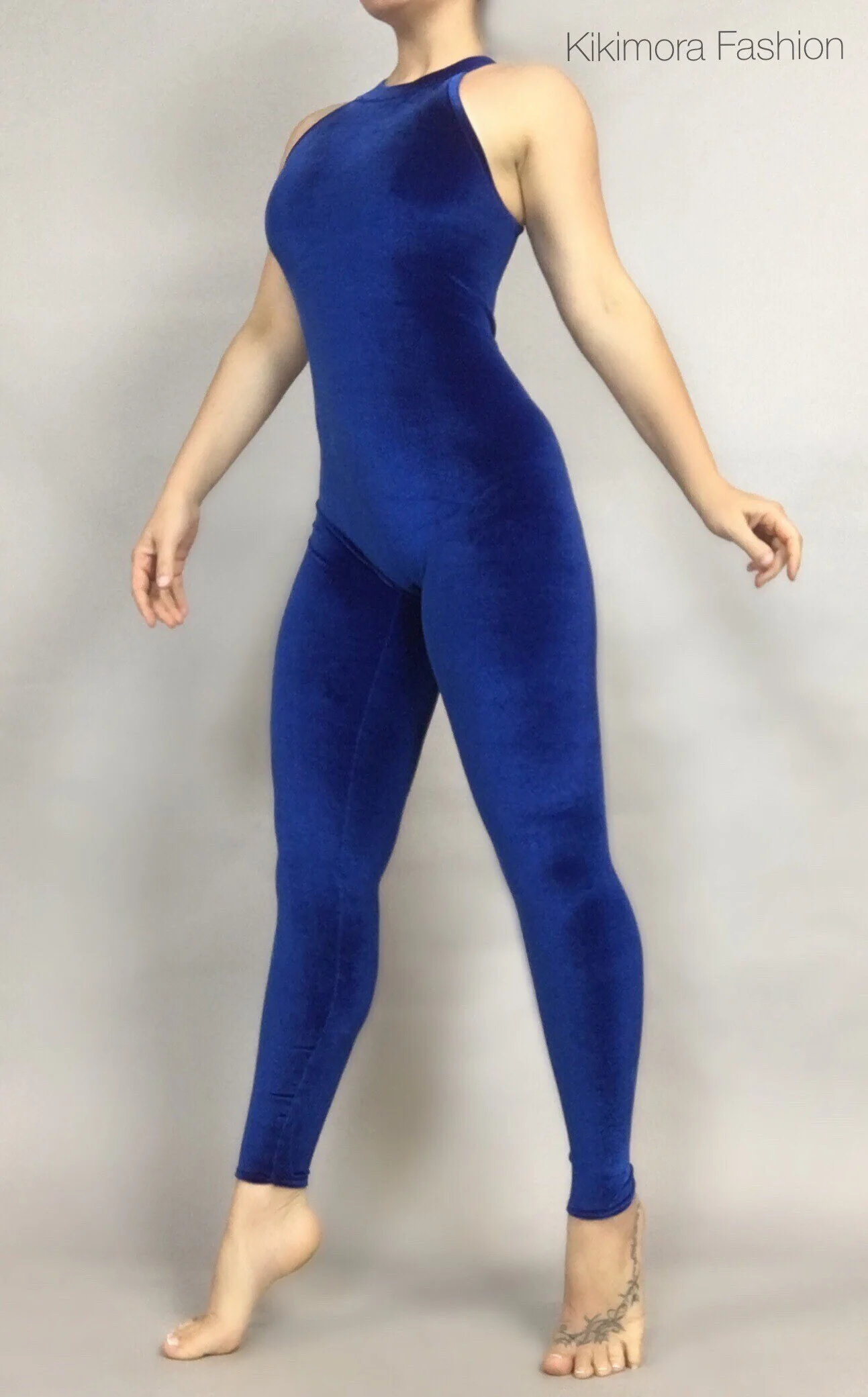 Royal Blue Velvet Bodysuit, Sleeveless Catsuit Costume, Dancewear - Image 3