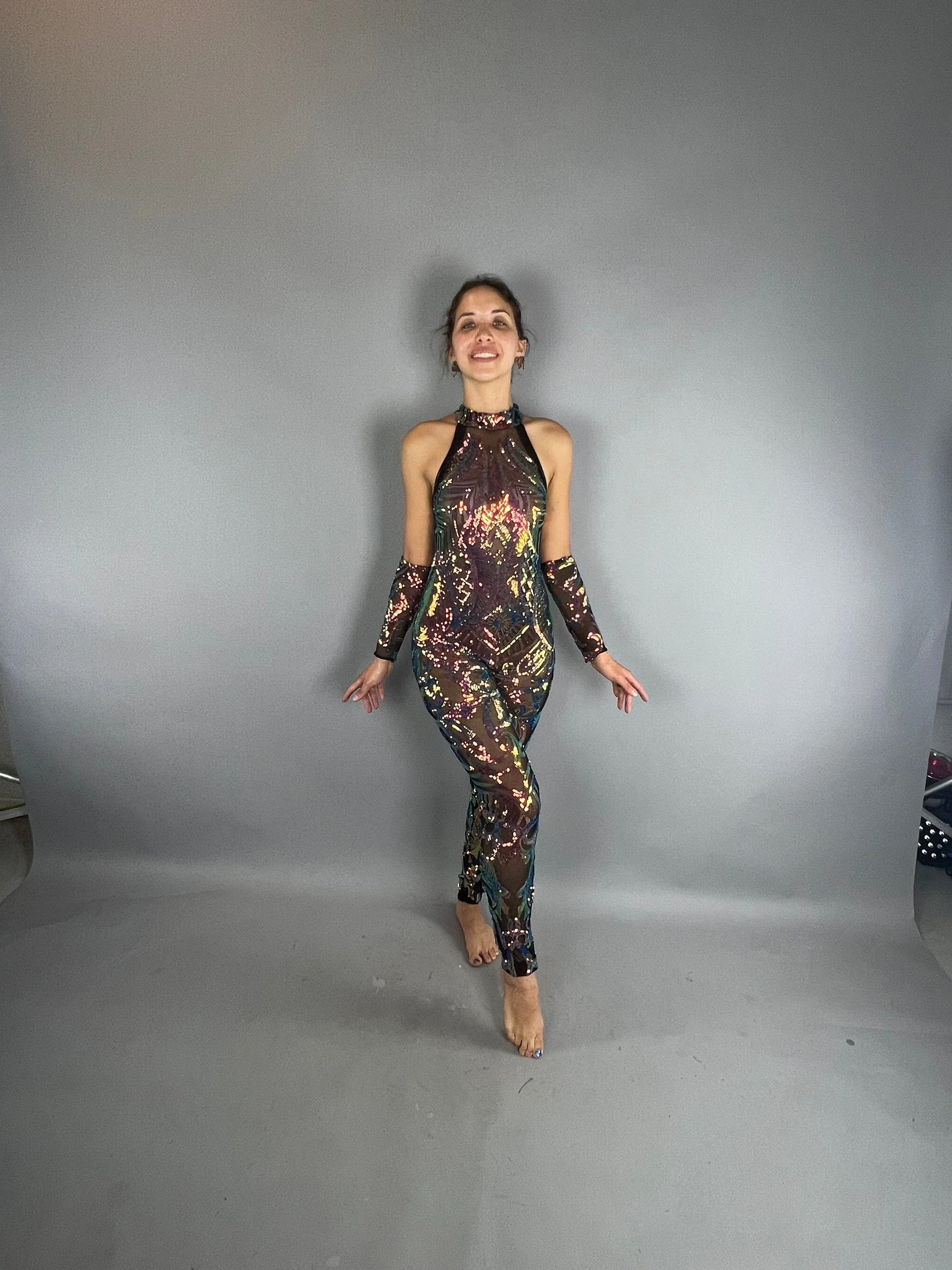 Iridescent Sequin Jumpsuit, Sheer Mesh Halter Catsuit, Multi-Color Pattern Bodysuit, Open Back Unitard, Detached Sleeves, Geometric One Piece - Image 8