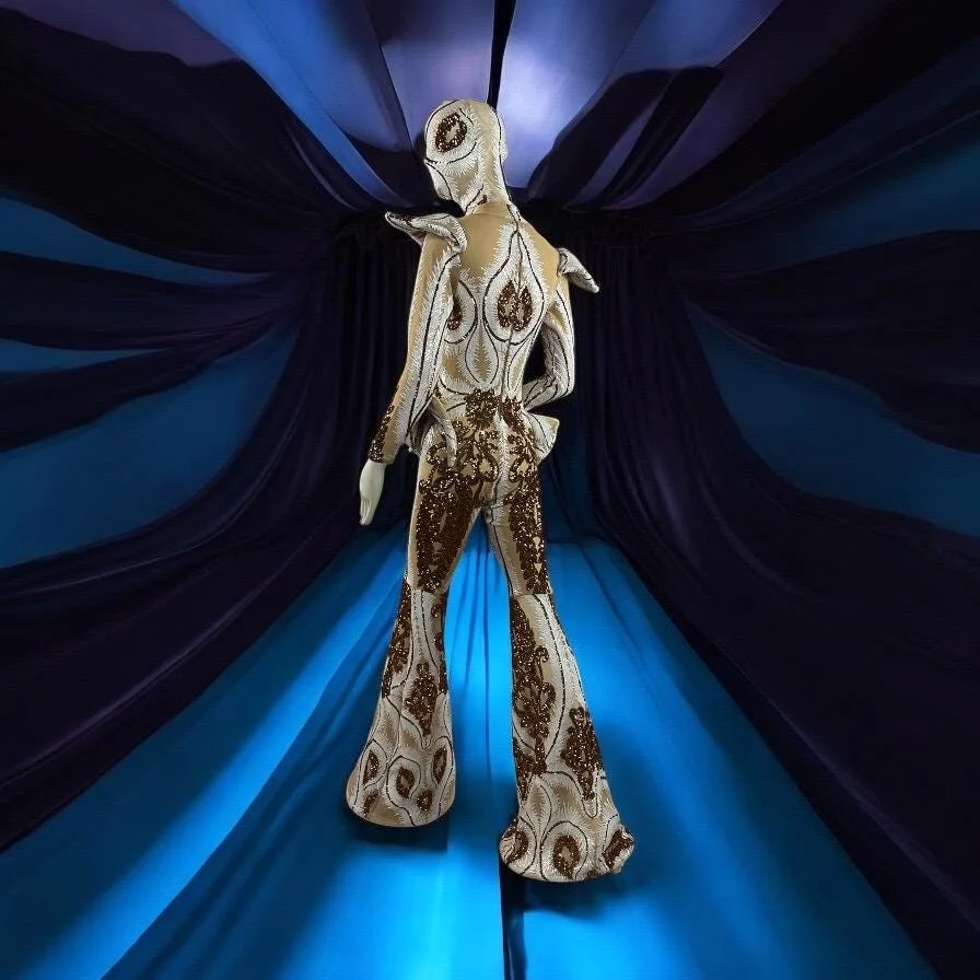 Alien Sequin Bodysuit, Sculpted Shoulders, Bell Bottoms - Image 3