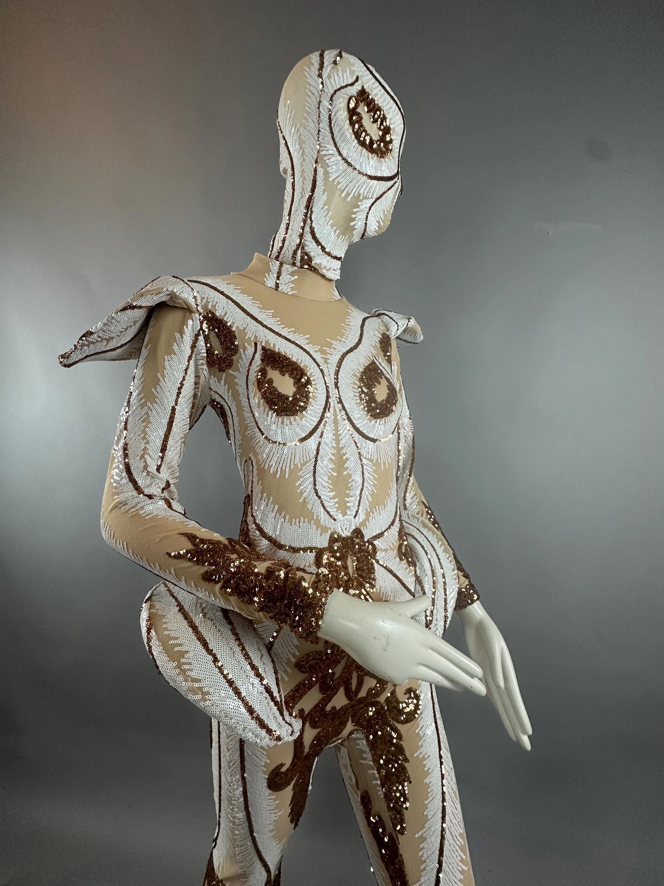 Alien Sequin Bodysuit, Sculpted Shoulders, Bell Bottoms - Image 9
