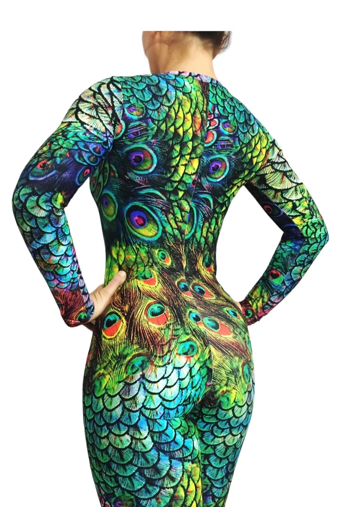 Peacock Print Spandex Catsuit, Long Zipper, Full Sleeves