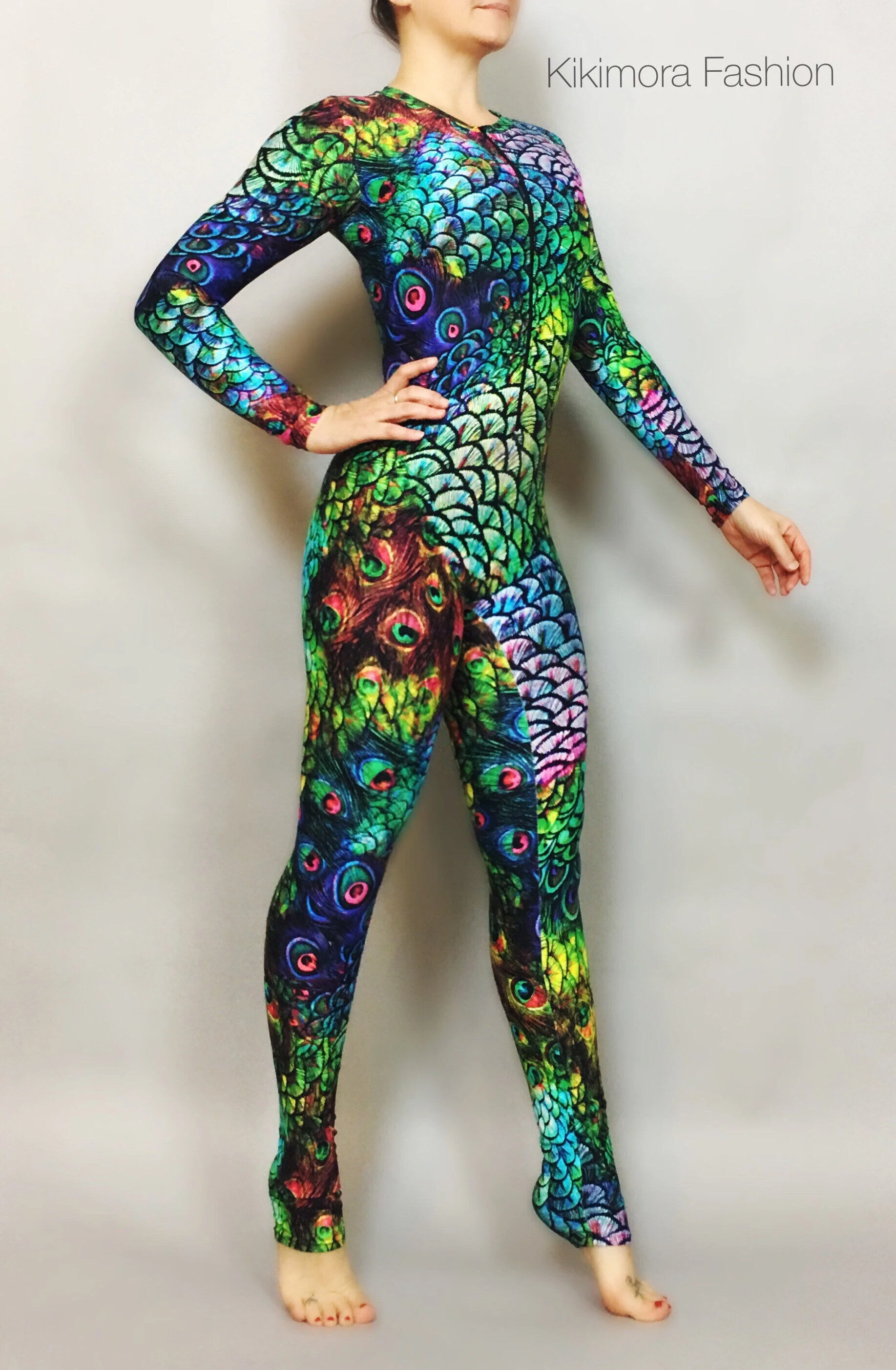 Peacock Print Spandex Catsuit, Long Zipper, Full Sleeves - Image 2