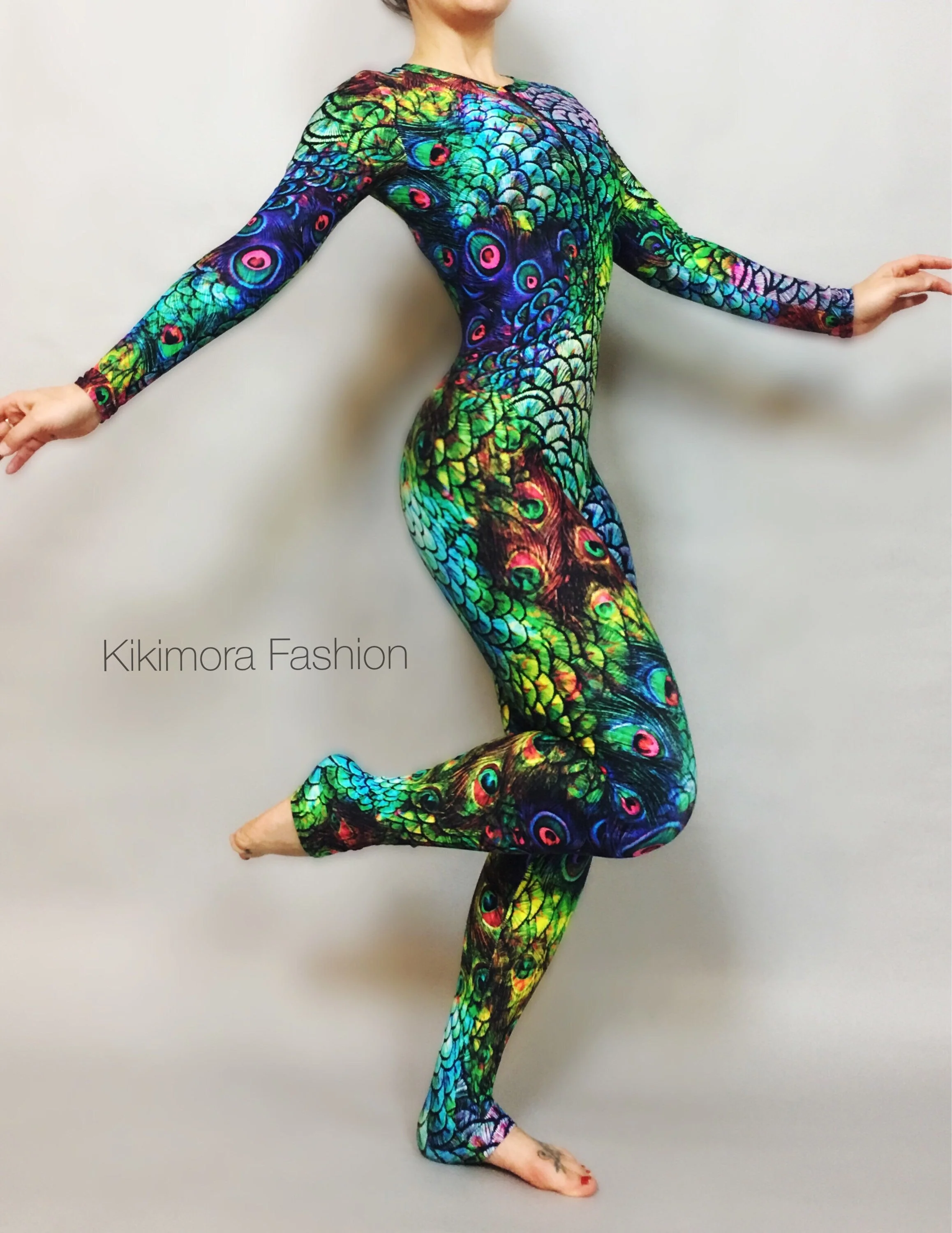 Peacock Print Spandex Catsuit, Long Zipper, Full Sleeves - Image 3