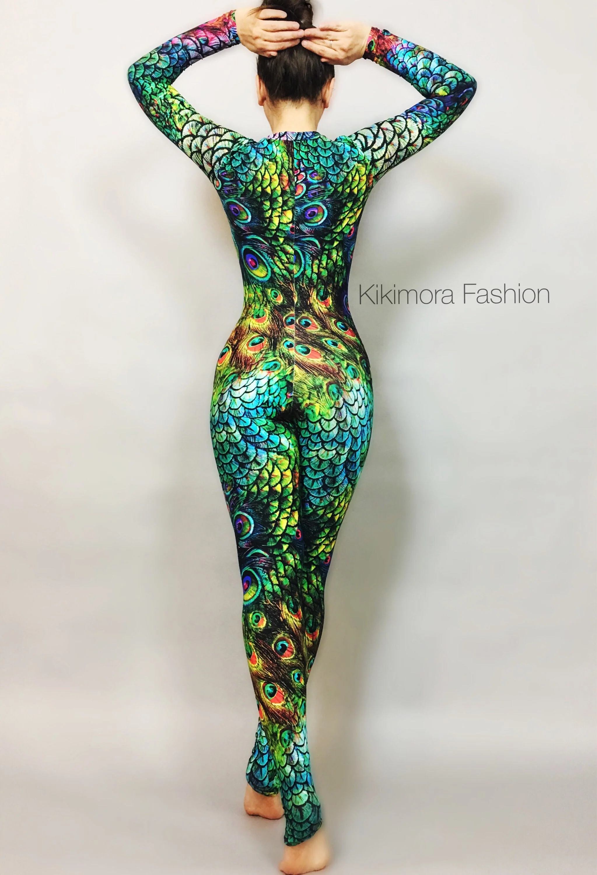 Peacock Print Spandex Catsuit, Long Zipper, Full Sleeves - Image 4