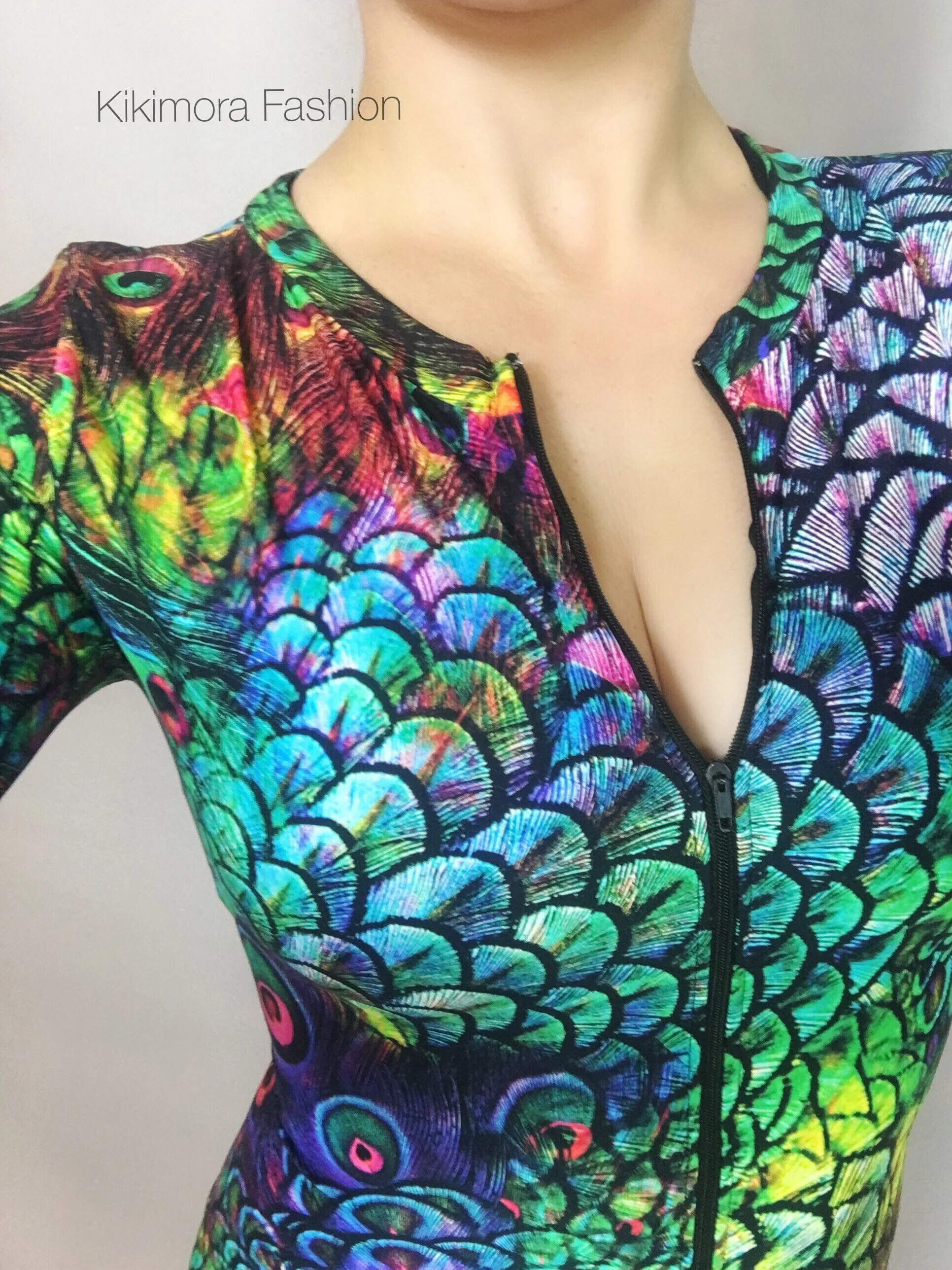 Peacock Print Spandex Catsuit, Long Zipper, Full Sleeves - Image 8