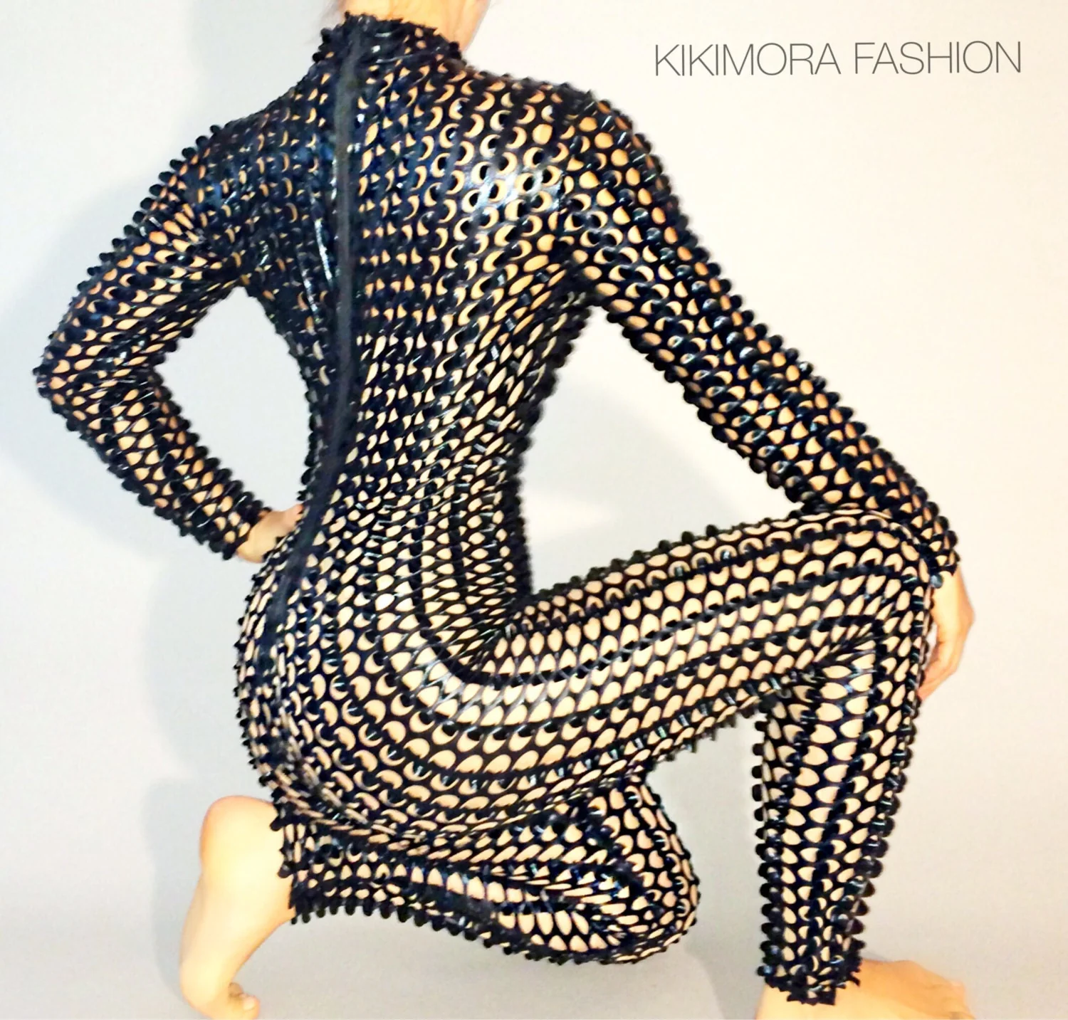 Glossy Black Perforated Catsuit, Turtleneck, Full Sleeves - Image 3