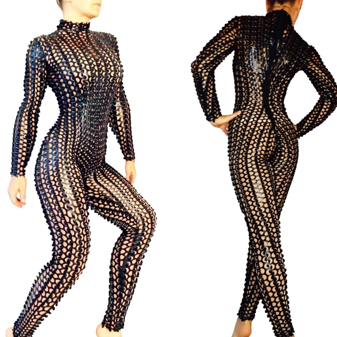 Glossy Black Perforated Catsuit, Turtleneck, Full Sleeves - Image 8