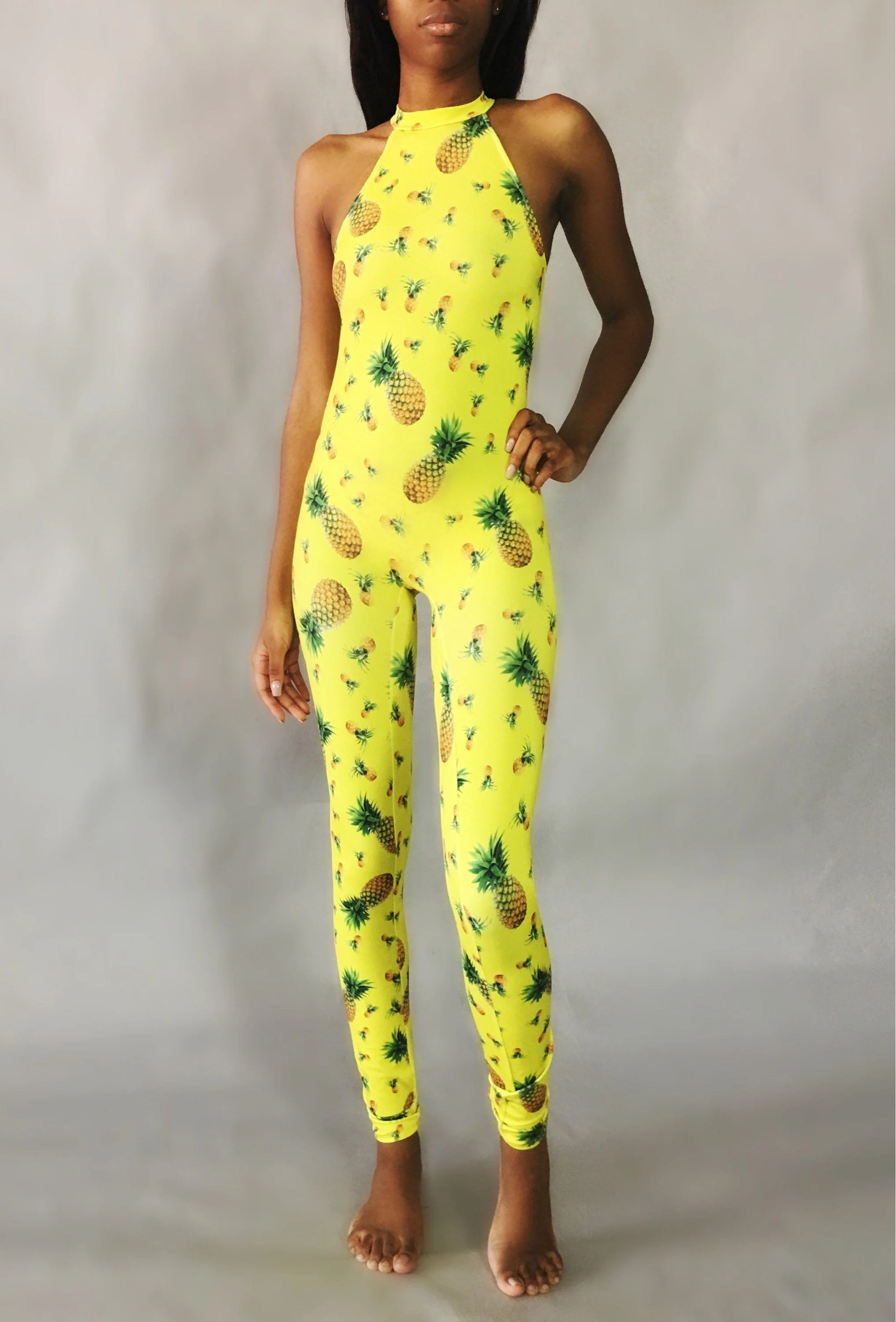 Yellow Pineapple Jumpsuit, Tropical Print Catsuit, Summer Festival Outfit, Halter Neck Bodysuit, Exotic Dancewear, Fruit Pattern Unitard - Image 4
