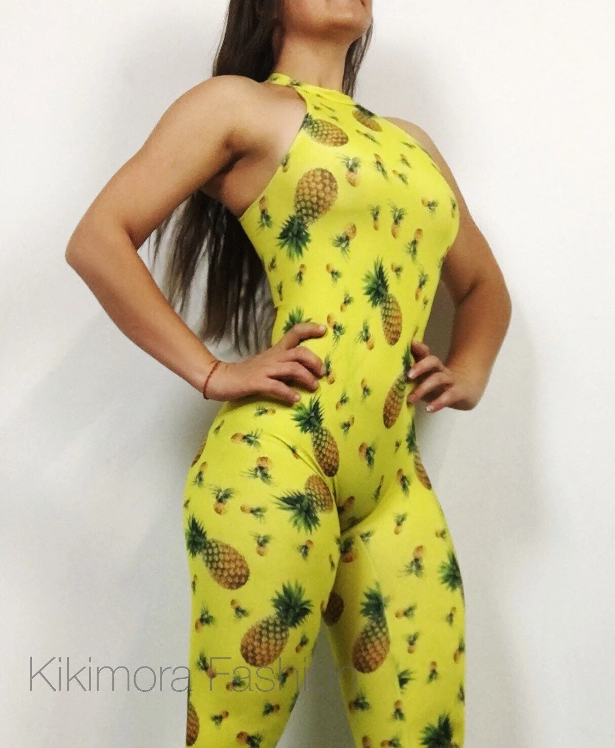 Yellow Pineapple Jumpsuit, Tropical Print Catsuit, Summer Festival Outfit, Halter Neck Bodysuit, Exotic Dancewear, Fruit Pattern Unitard - Image 5
