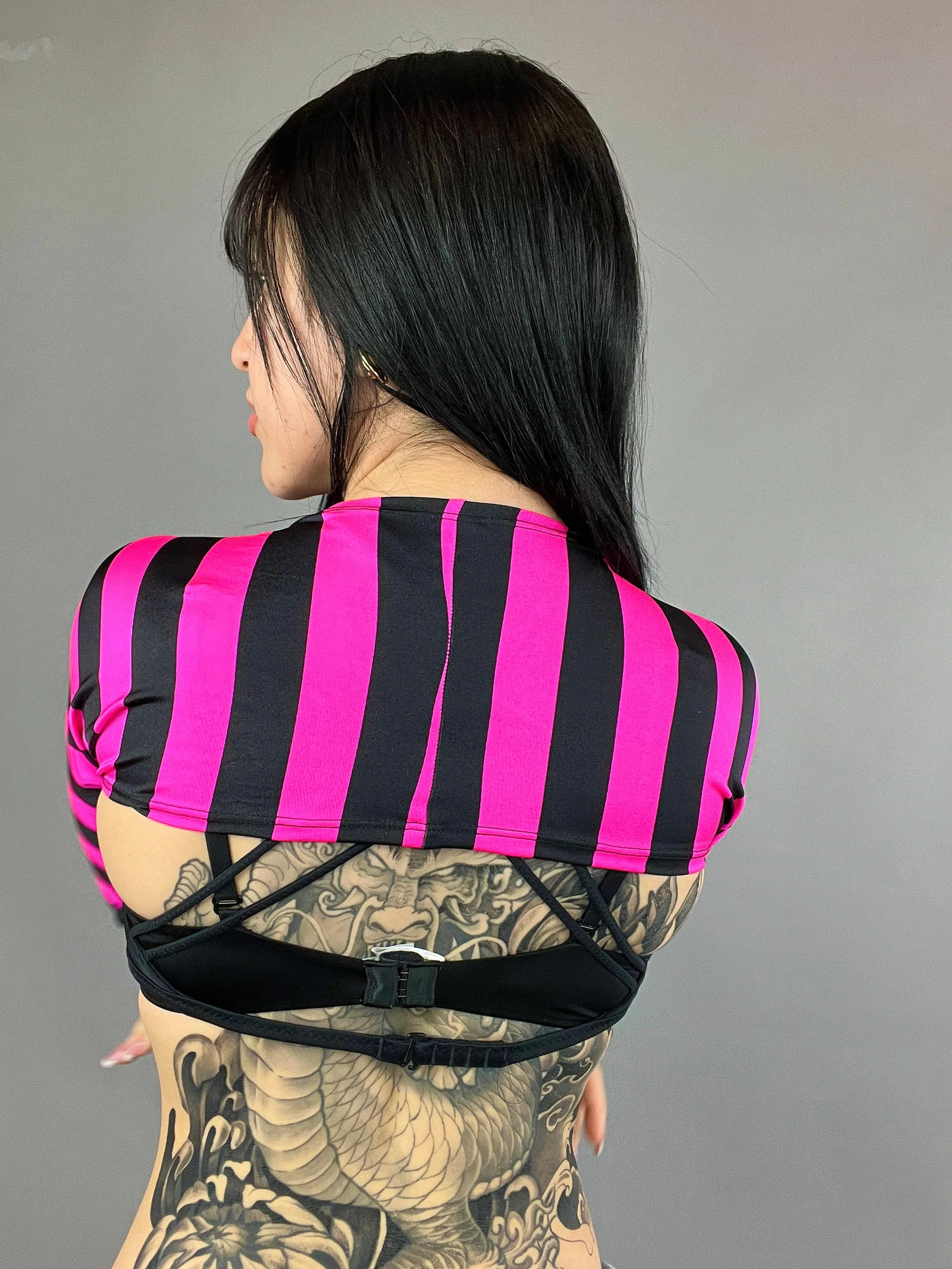 Pink and Black Striped Shrug, Upcycled Spandex Bolero, Futuristic Arm Sleeves, Festival Fashion Top, Edgy Rave Outfit, Custom Crop Top - Image 5
