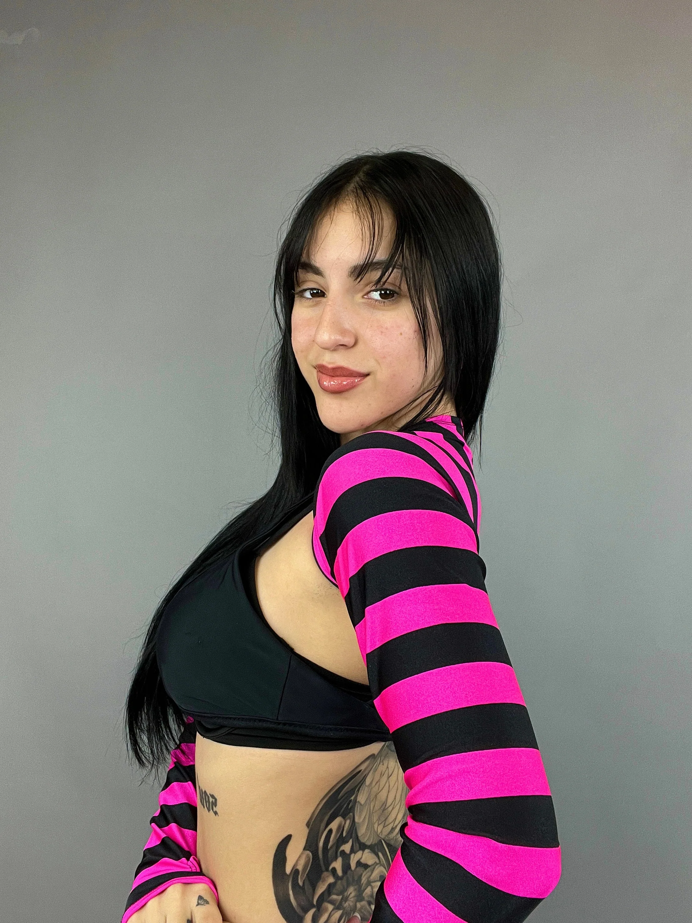 Pink and Black Striped Shrug, Upcycled Spandex Bolero, Futuristic Arm Sleeves, Festival Fashion Top, Edgy Rave Outfit, Custom Crop Top - Image 7