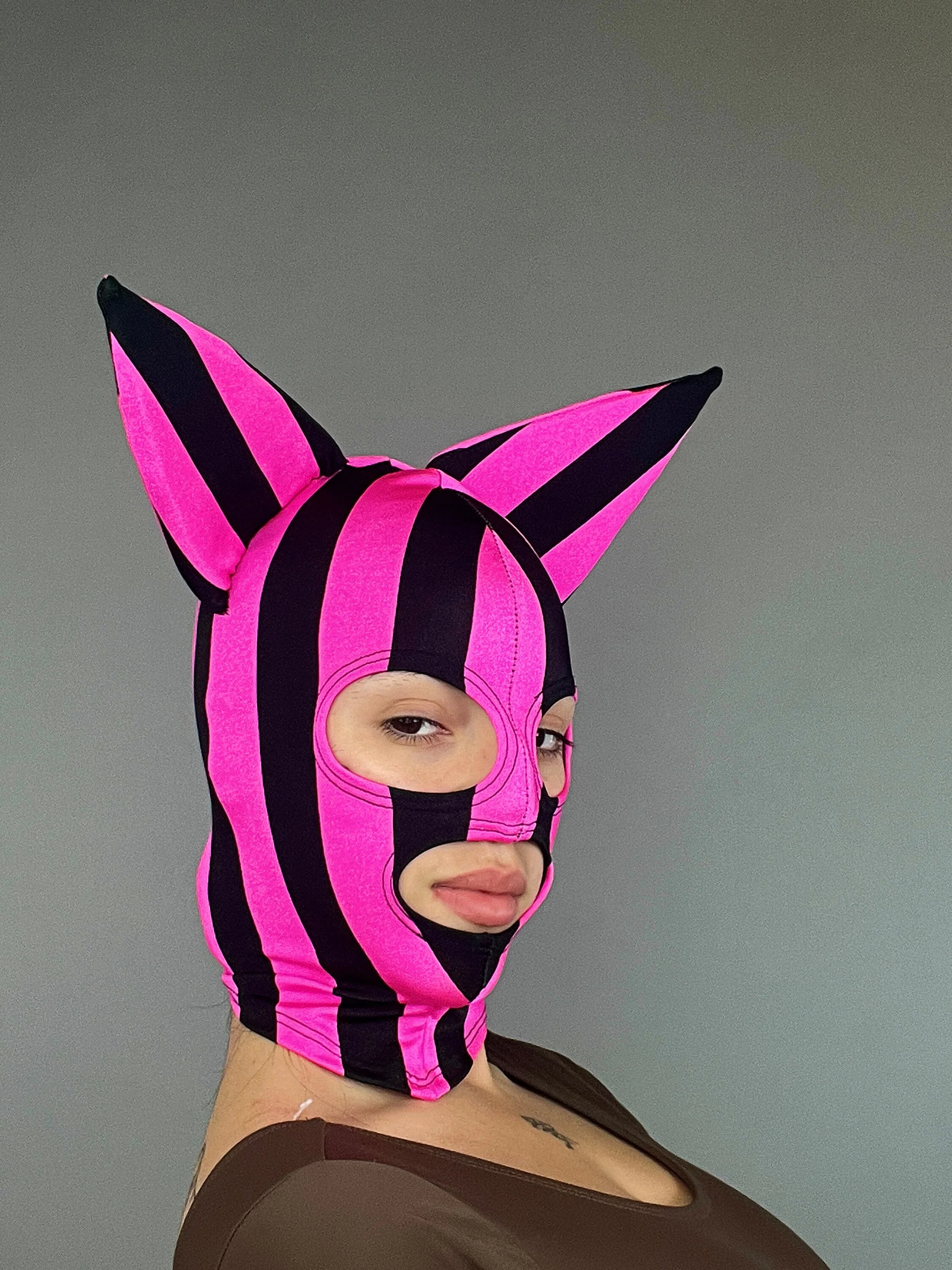 Pink Kitty Headpiece, Striped Spandex Face Mask, Cat Ear Hood, UV Glow Costume Accessory, Festival Fashion, Rave Outfit, Breathable - Image 10