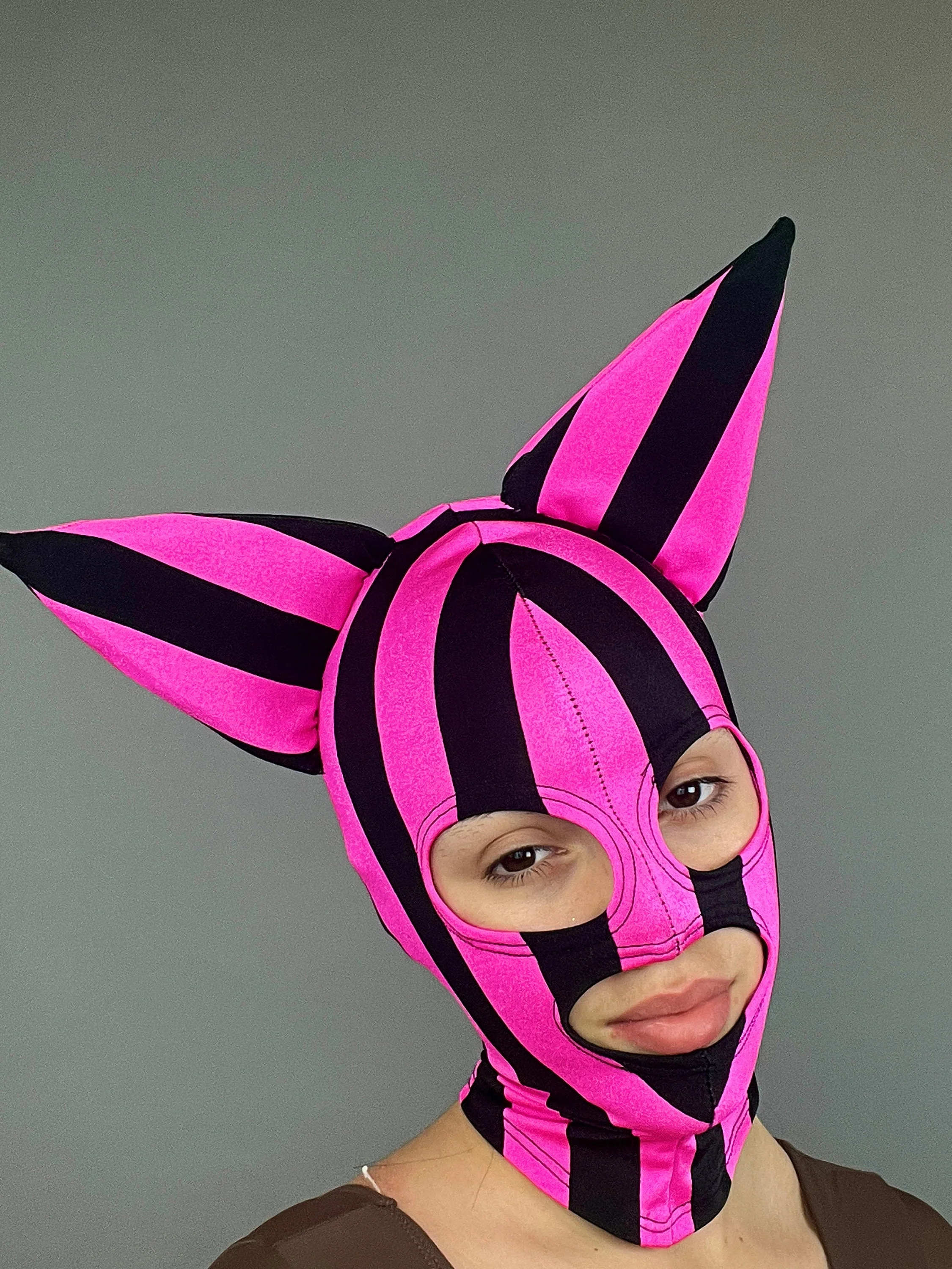 Pink Kitty Headpiece, Striped Spandex Face Mask, Cat Ear Hood, UV Glow Costume Accessory, Festival Fashion, Rave Outfit, Breathable - Image 4