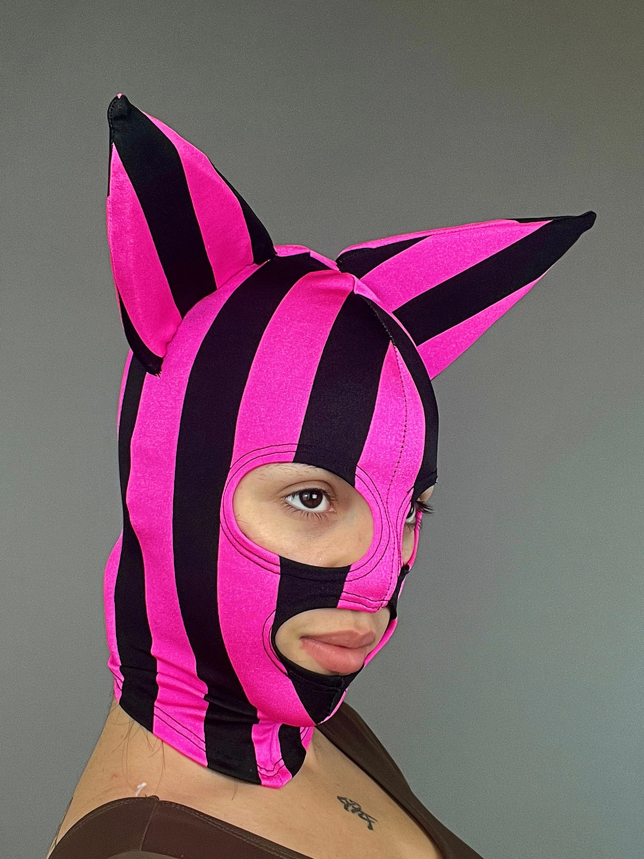 Pink Kitty Headpiece, Striped Spandex Face Mask, Cat Ear Hood, UV Glow Costume Accessory, Festival Fashion, Rave Outfit, Breathable - Image 8