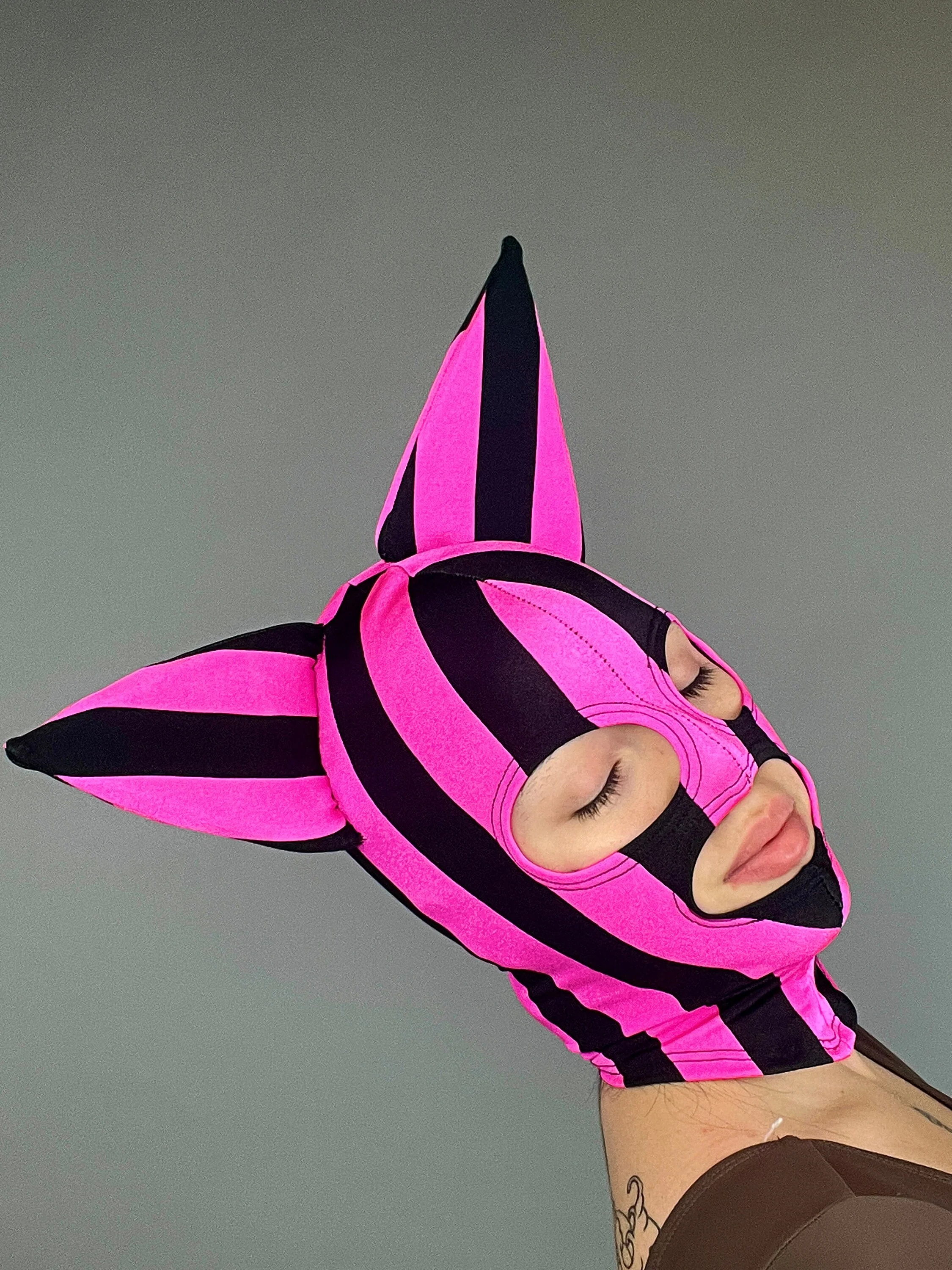 Pink Kitty Headpiece, Striped Spandex Face Mask, Cat Ear Hood, UV Glow Costume Accessory, Festival Fashion, Rave Outfit, Breathable - Image 9
