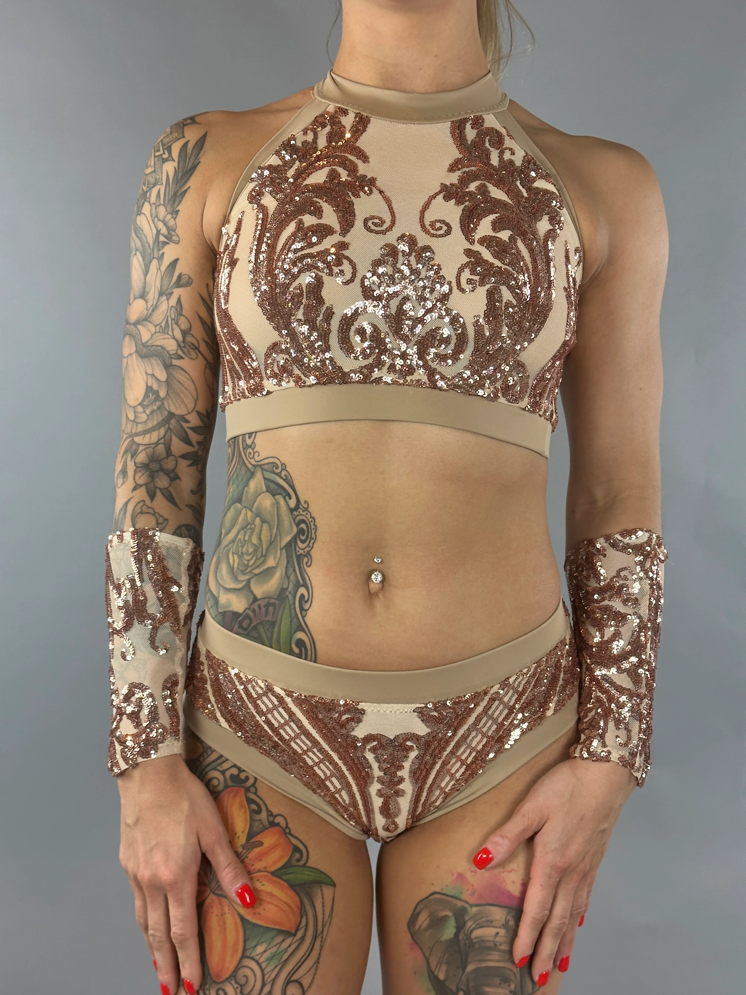 Sequin Crop Top and Bottom Set, Halterneck Crop Top, Shorts, Handcuffs - Image 3