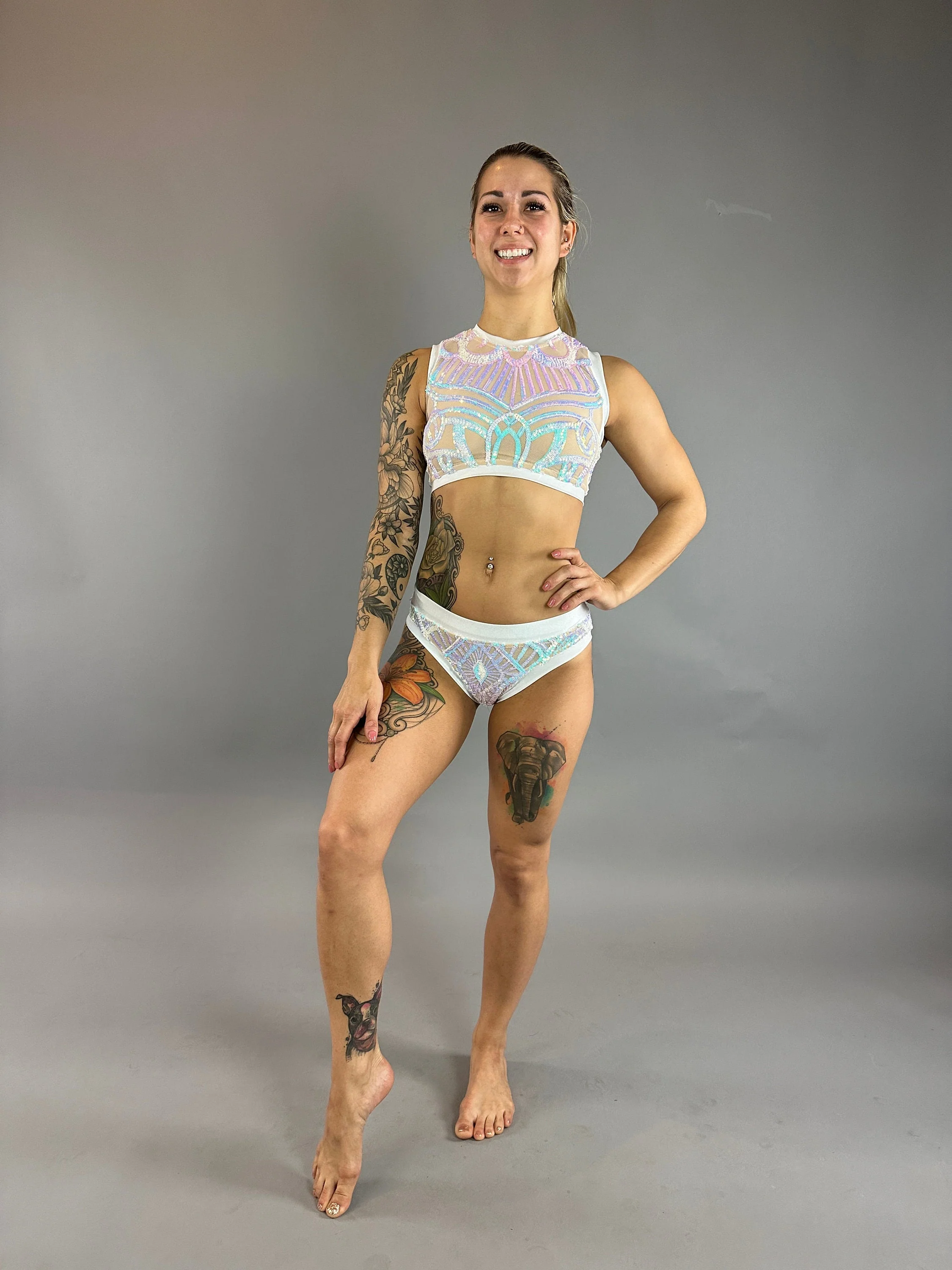 Unicorn White Sequin Crop Top and Bottom Set, Sleeveless, Bikini Bottom - Image 5
