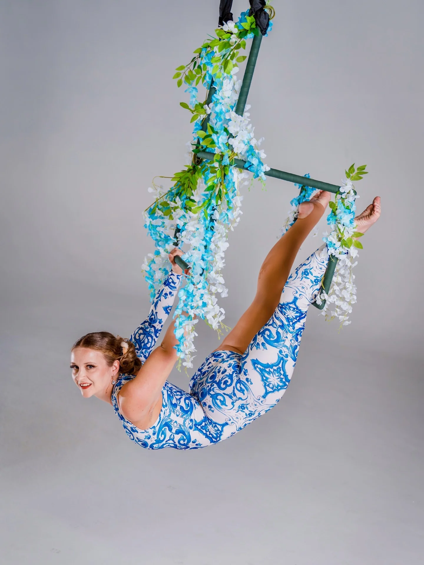 Asymmetrical Catsuit for Performers, Blue & White Porcelain Print Bodysuit, One Sleeve One Leg Jumpsuit in Stretch Spandex Fabric, Baroque Scroll Pattern Unitard for Dance & Events
