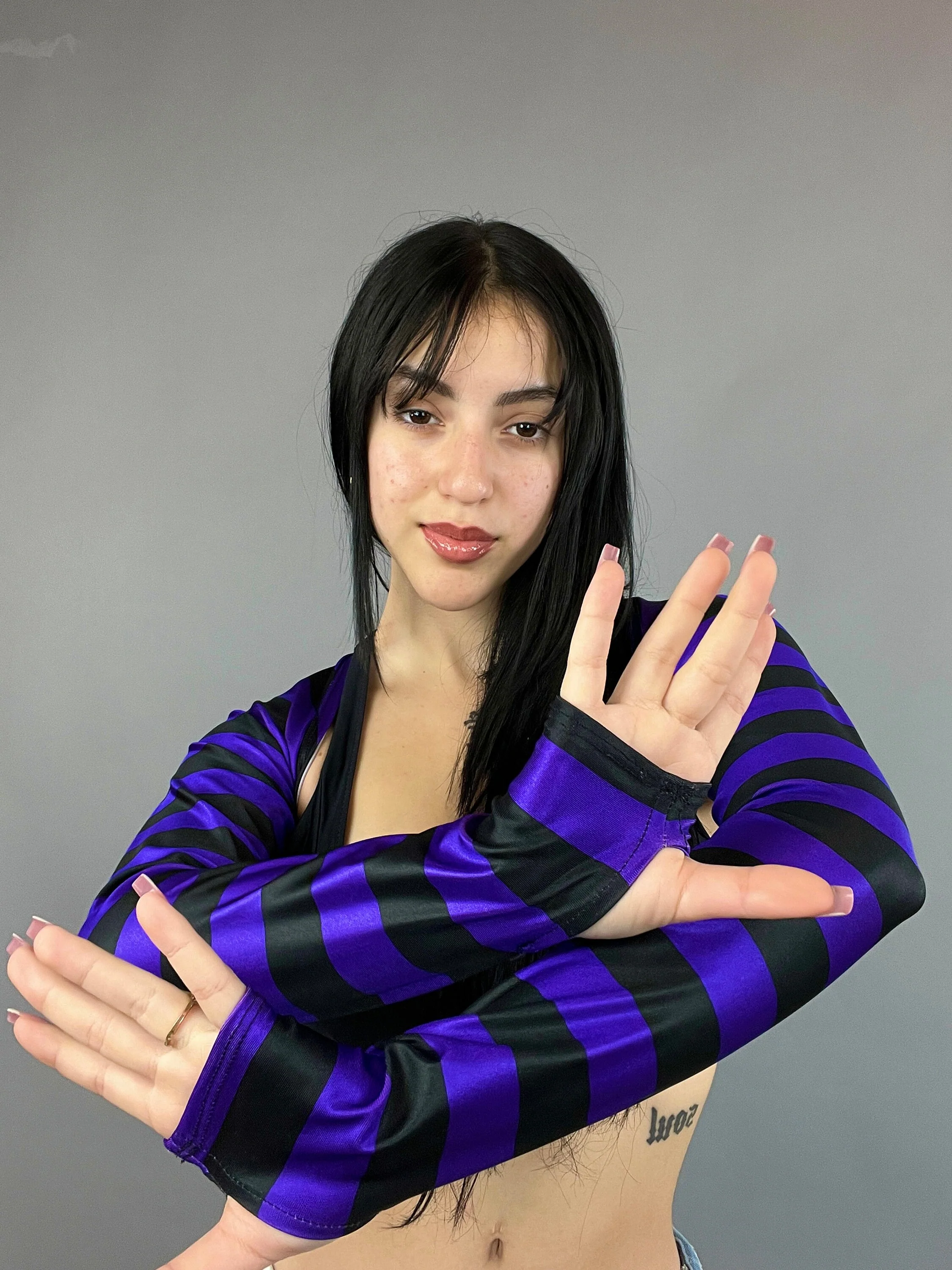 Purple and Black Striped Shrug, Upcycled Spandex Bolero, Futuristic Arm Sleeves, Festival Fashion Top, Edgy Rave Outfit, Custom Crop Top - Image 3
