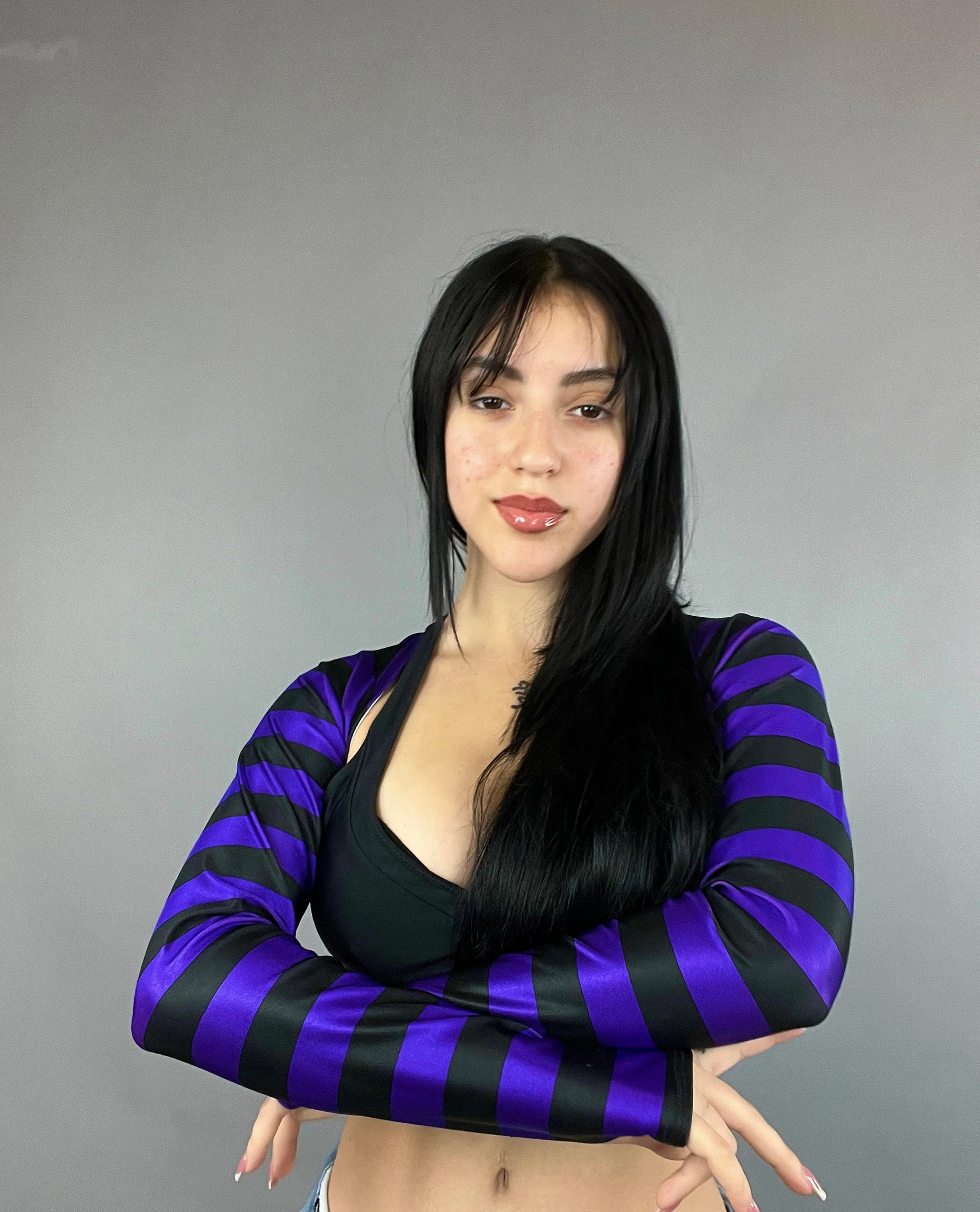 Purple and Black Striped Shrug, Upcycled Spandex Bolero, Futuristic Arm Sleeves, Festival Fashion Top, Edgy Rave Outfit, Custom Crop Top - Image 4