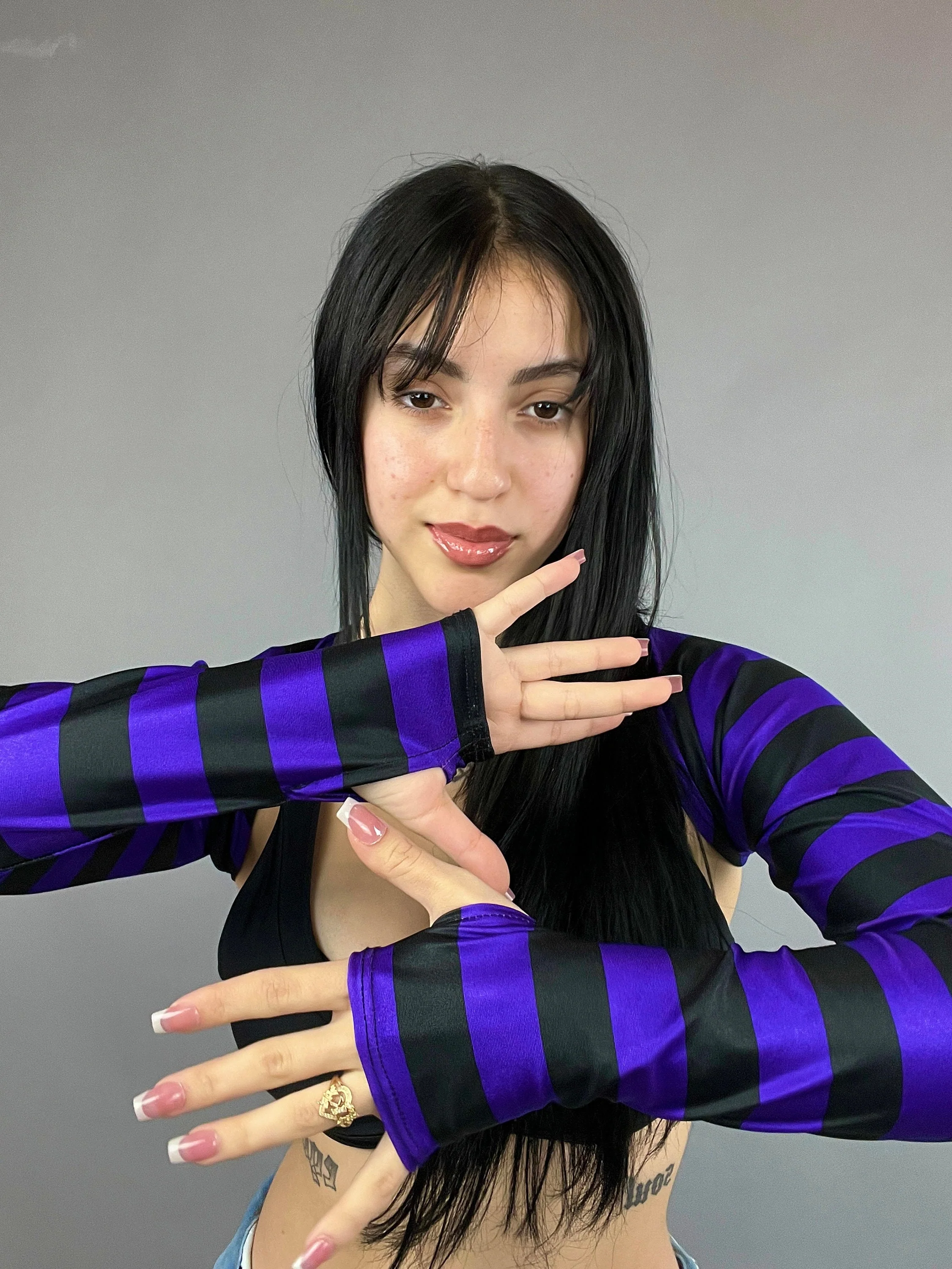 Purple and Black Striped Shrug, Upcycled Spandex Bolero, Futuristic Arm Sleeves, Festival Fashion Top, Edgy Rave Outfit, Custom Crop Top - Image 5