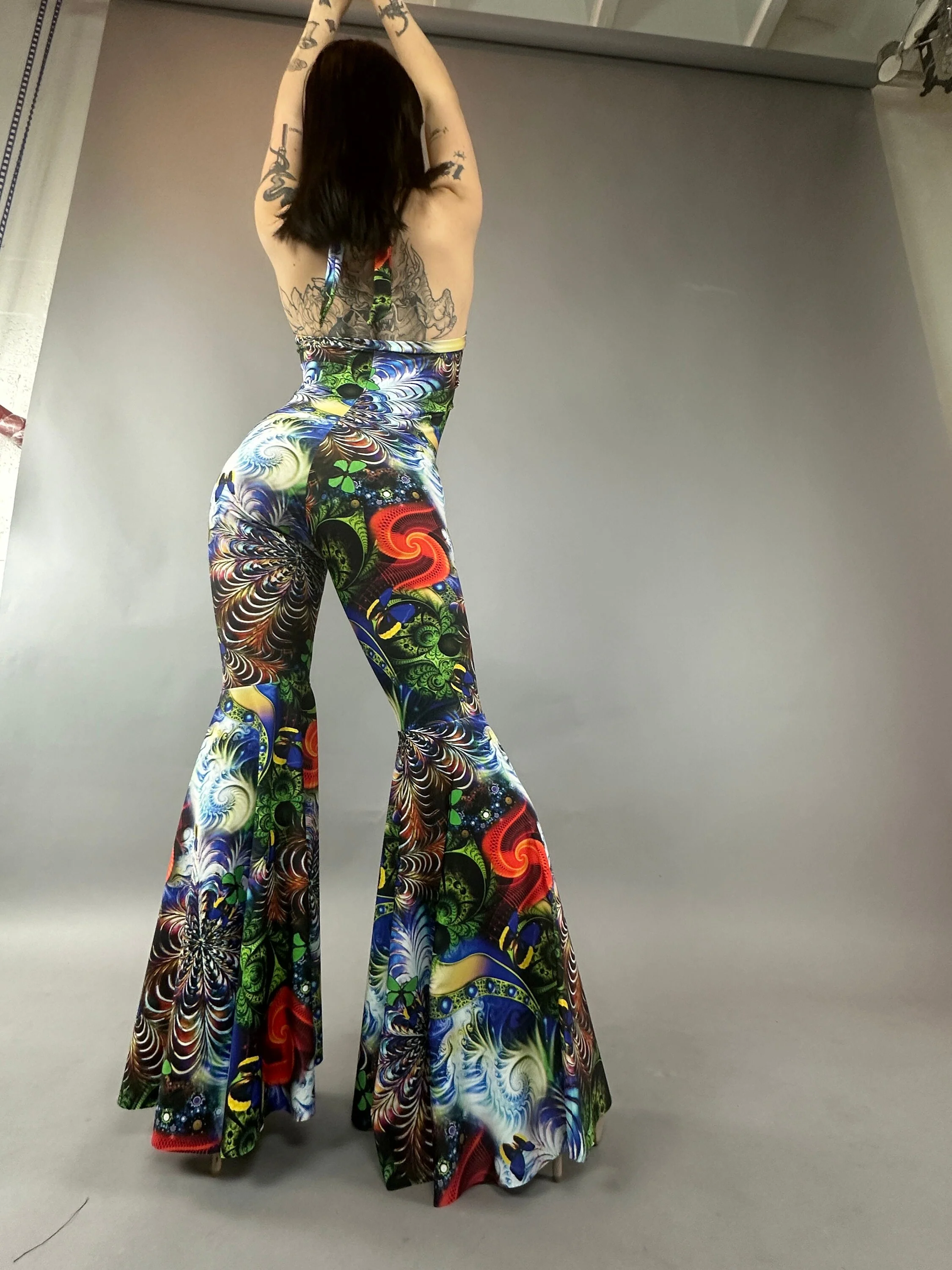 Multicolor Psychedelic Fractal Catsuit, Keyhole Neckline, Flared Legs - Image 10