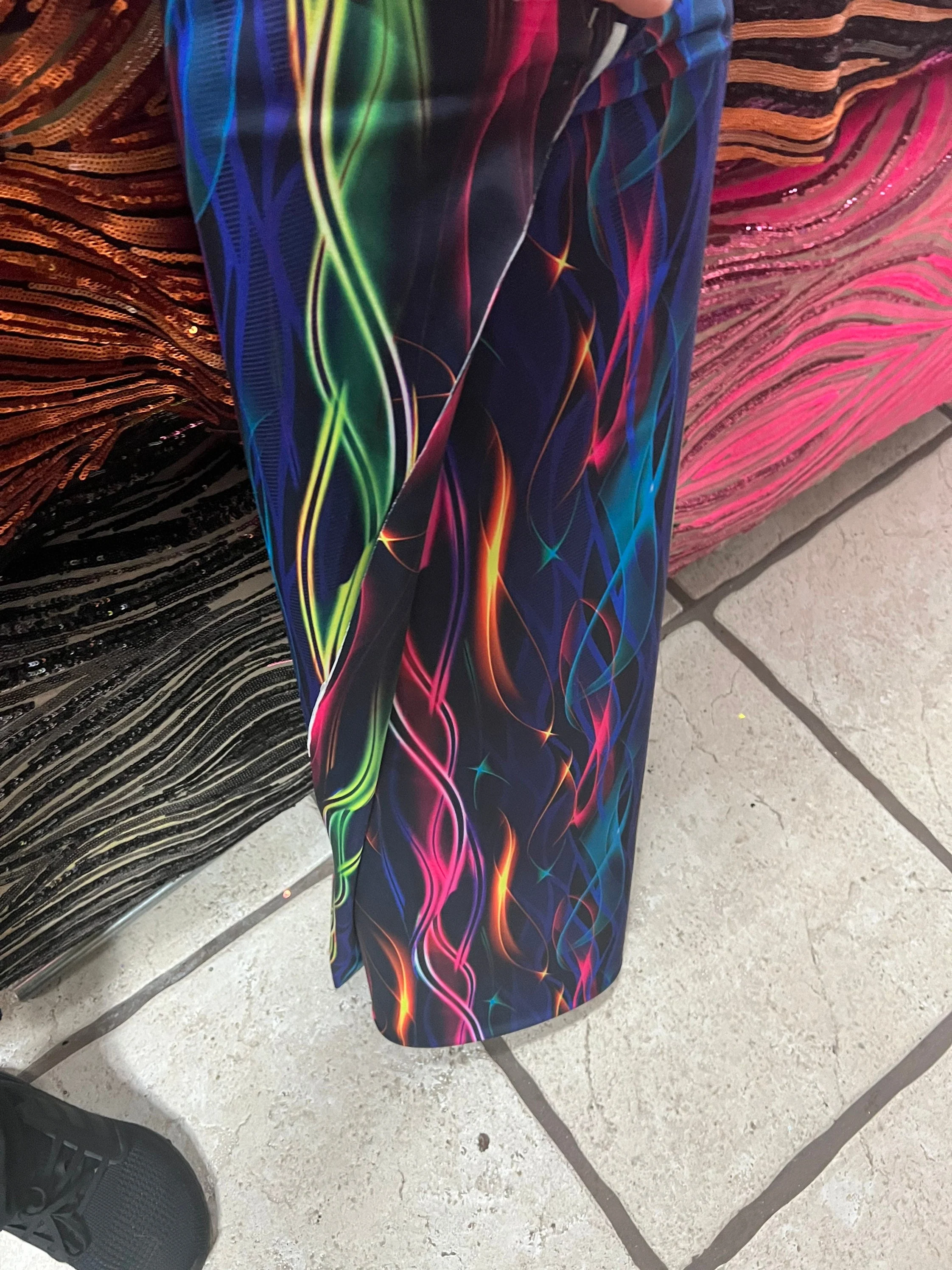 Multicolor Psychedelic Fractal Catsuit, Keyhole Neckline, Flared Legs - Image 8