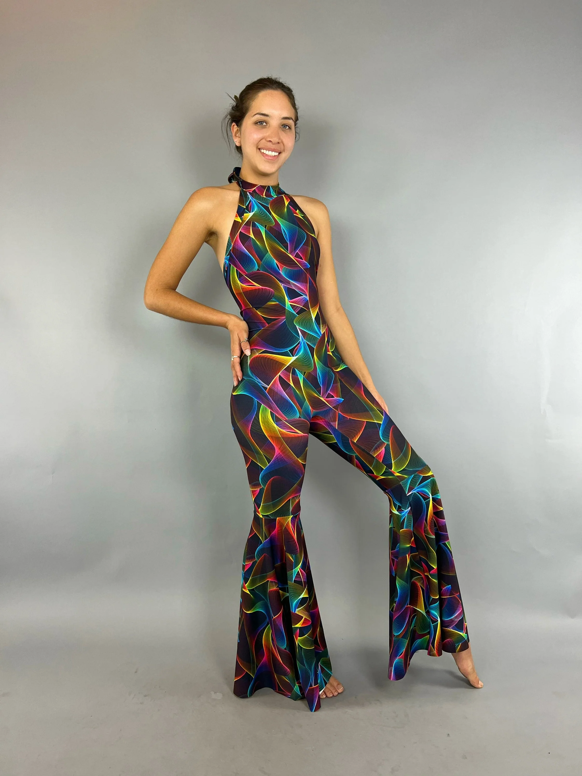 Psychedelic Neon Spiral Bell Bottom Catsuit, Sleeveless Halter Neck Stretch Spandex Performance Jumpsuit - Image 5