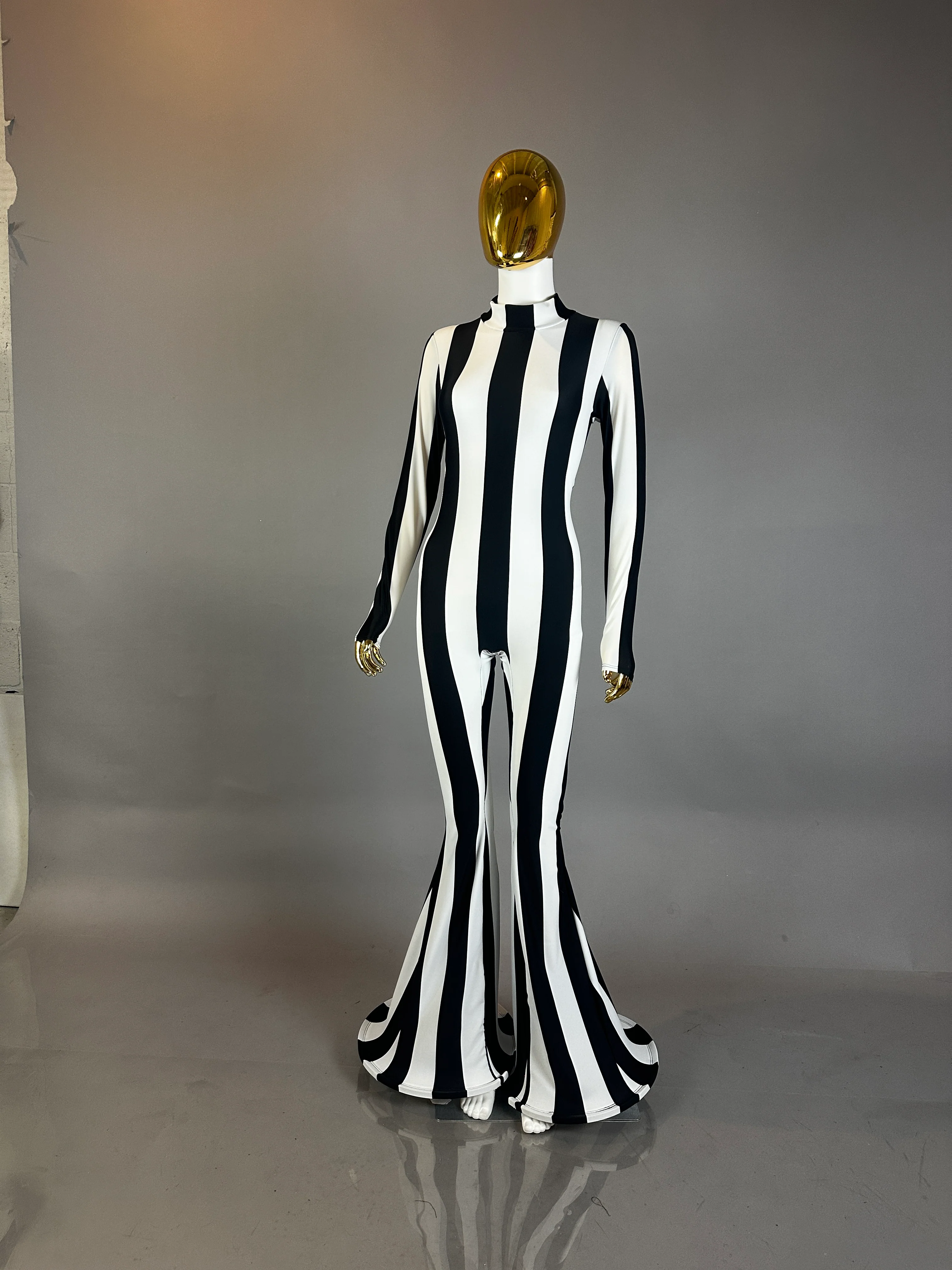Black White Striped Jumpsuit, Bell Bottom Catsuit, Long Sleeve Bodysuit, Spandex Unitard, Festival Outfit, Rave Costume - Image 5