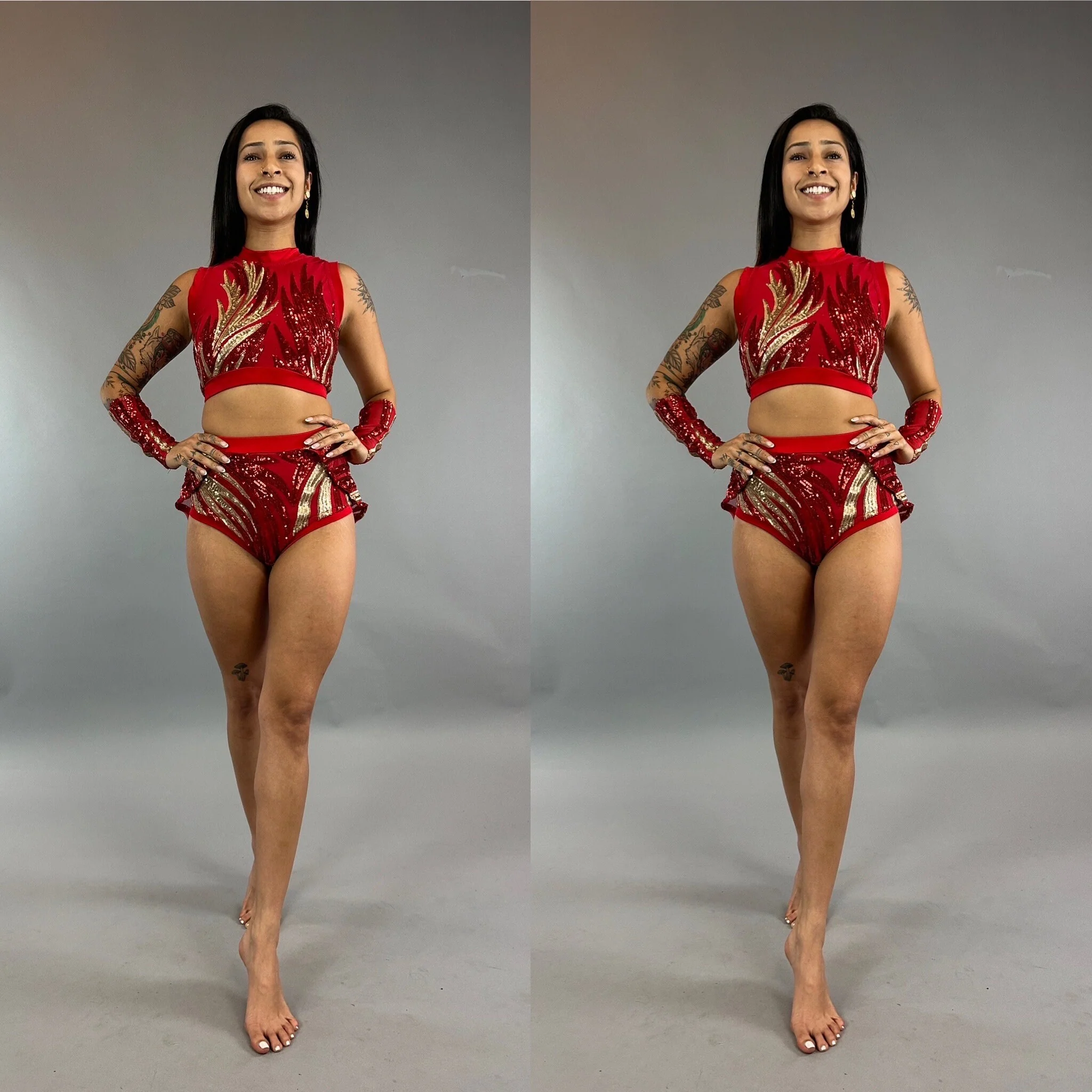 Red and Gold Sequin Dance Costume, Fire Dancer Outfit, High Waist Shorts with Half Skirt, Crop Top and Arm Sleeves, 4 Way Stretch Mesh - Image 4