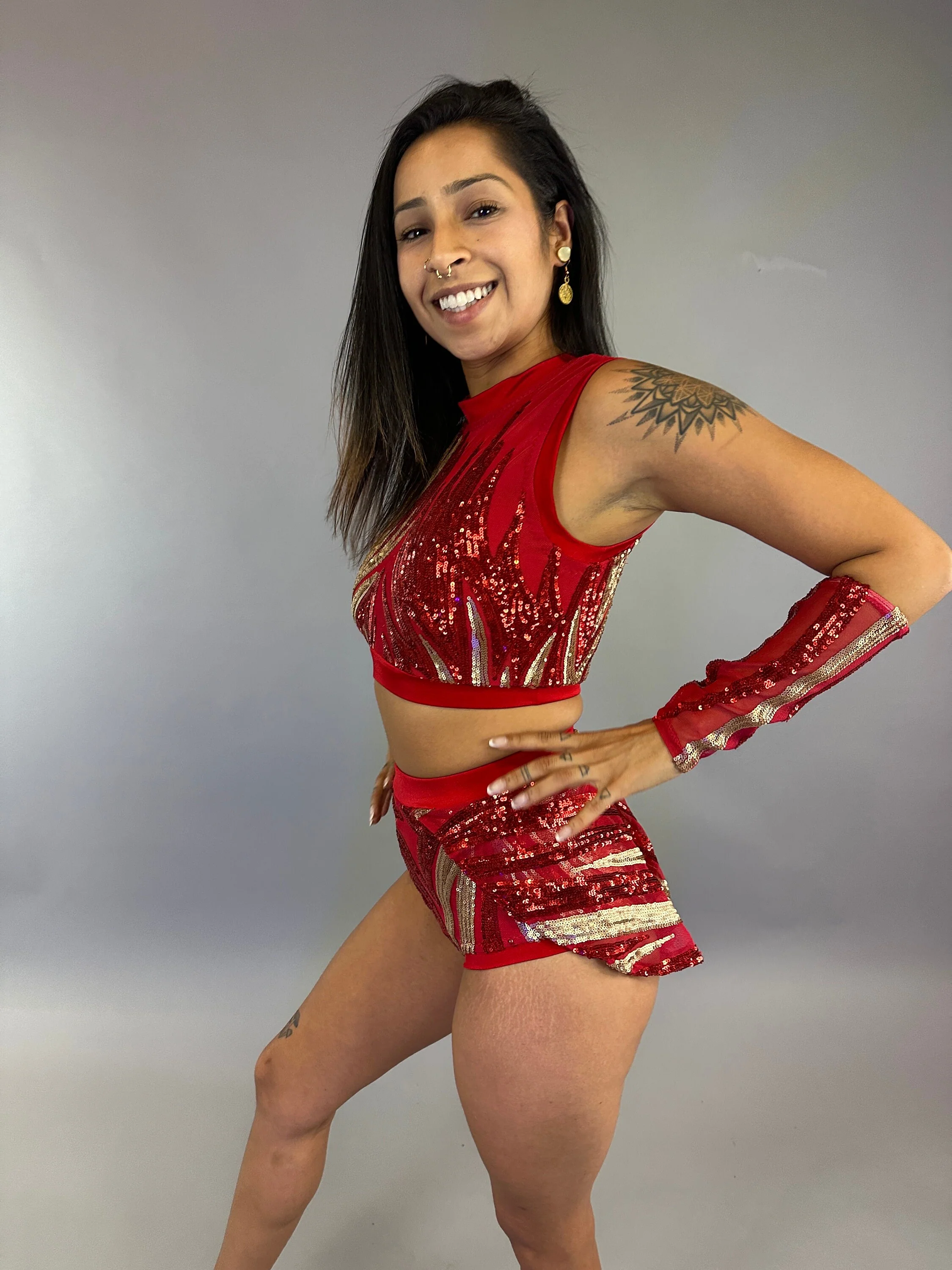 Red and Gold Sequin Dance Costume, Fire Dancer Outfit, High Waist Shorts with Half Skirt, Crop Top and Arm Sleeves, 4 Way Stretch Mesh - Image 5