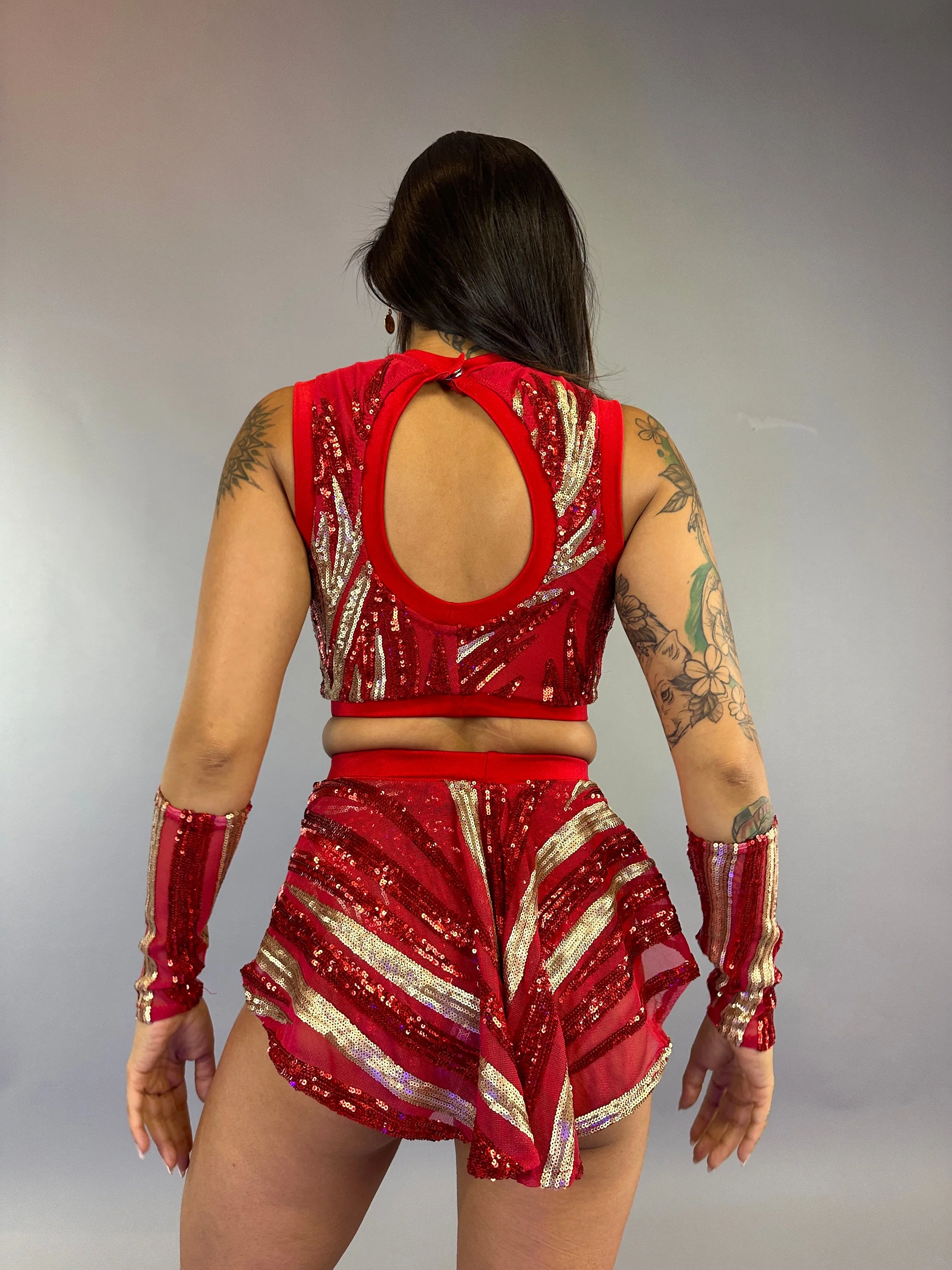 Red and Gold Sequin Dance Costume, Fire Dancer Outfit, High Waist Shorts with Half Skirt, Crop Top and Arm Sleeves, 4 Way Stretch Mesh - Image 7