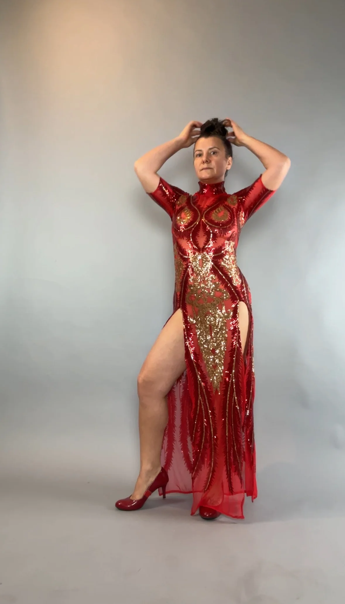 Red and Gold Sequin Dress, Sleeveless Sheer Maxi Gown, Thigh High Slits, Scoop Neck Party Outfit, Hand Accessories, Open Back - Image 13