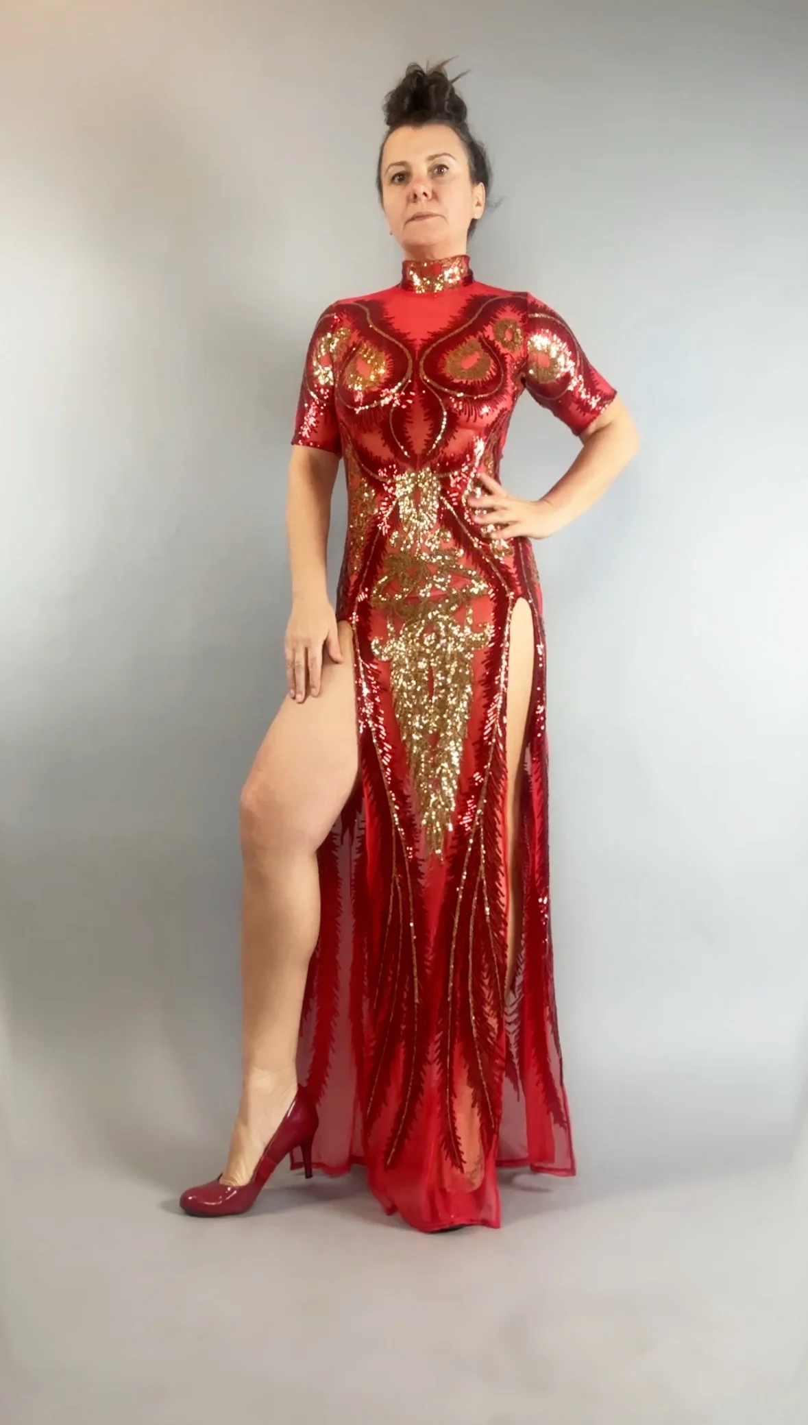 Red and Gold Sequin Dress, Sleeveless Sheer Maxi Gown, Thigh High Slits, Scoop Neck Party Outfit, Hand Accessories, Open Back - Image 3