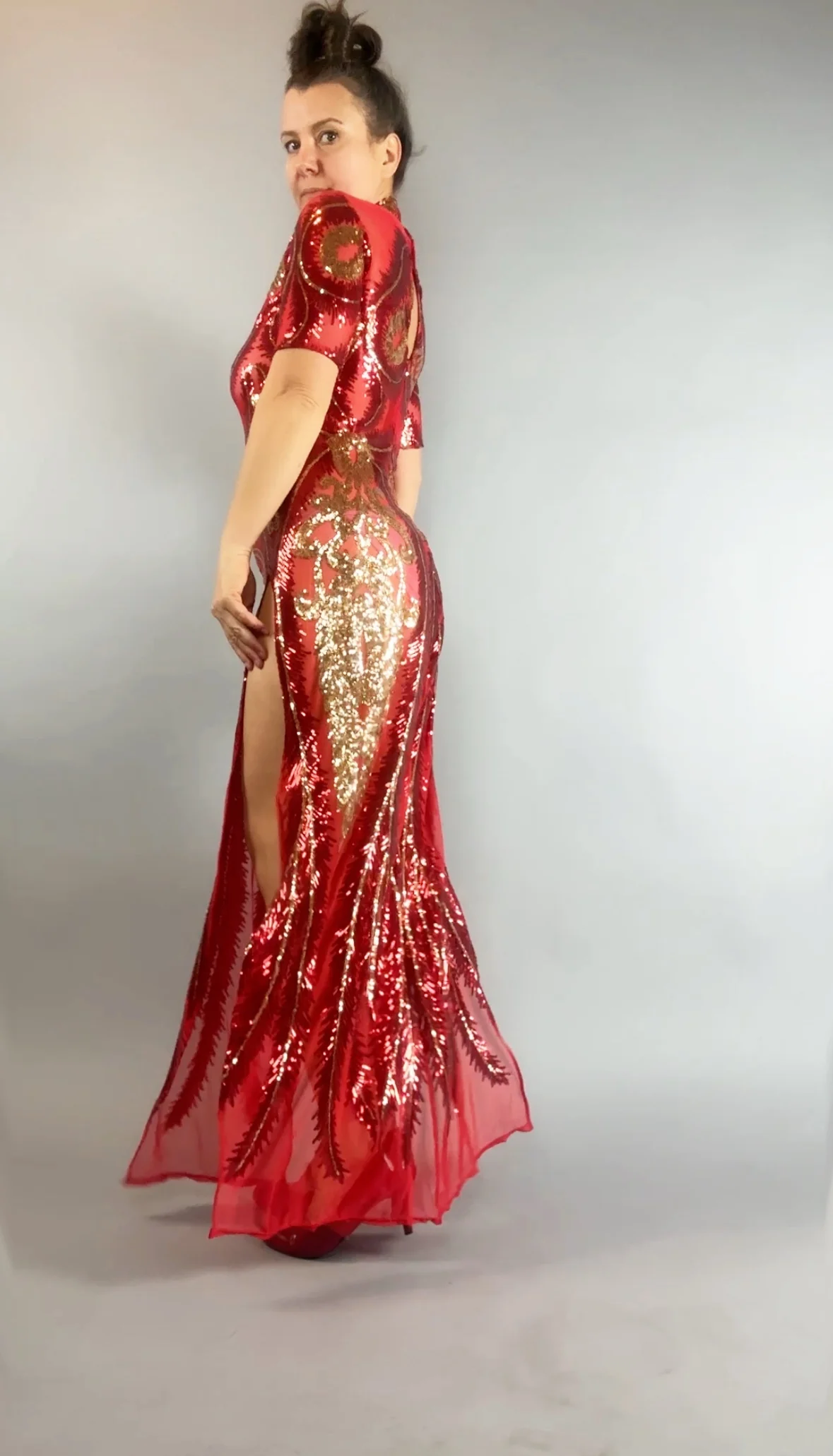 Red and Gold Sequin Dress, Sleeveless Sheer Maxi Gown, Thigh High Slits, Scoop Neck Party Outfit, Hand Accessories, Open Back - Image 4