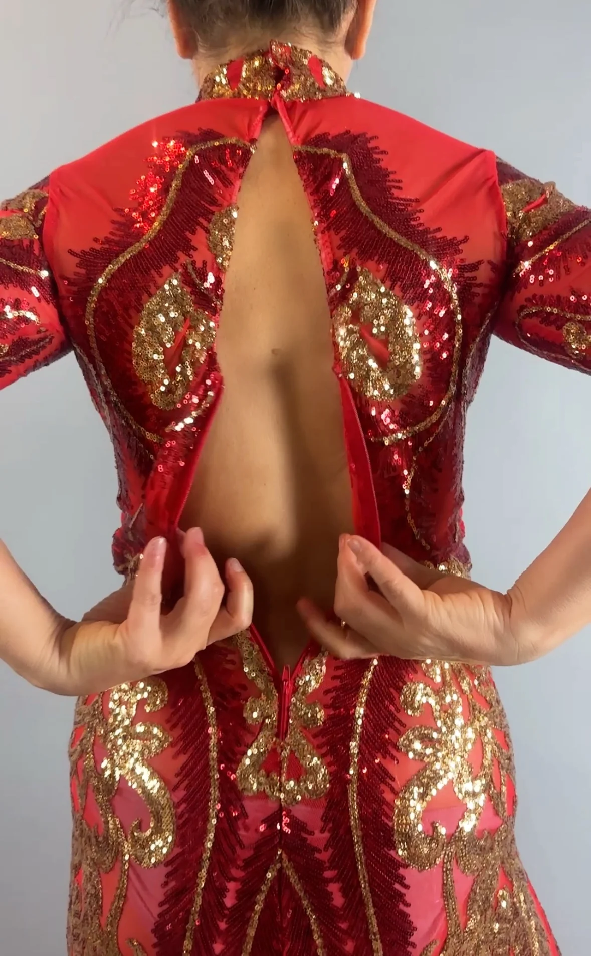 Red and Gold Sequin Dress, Sleeveless Sheer Maxi Gown, Thigh High Slits, Scoop Neck Party Outfit, Hand Accessories, Open Back - Image 7