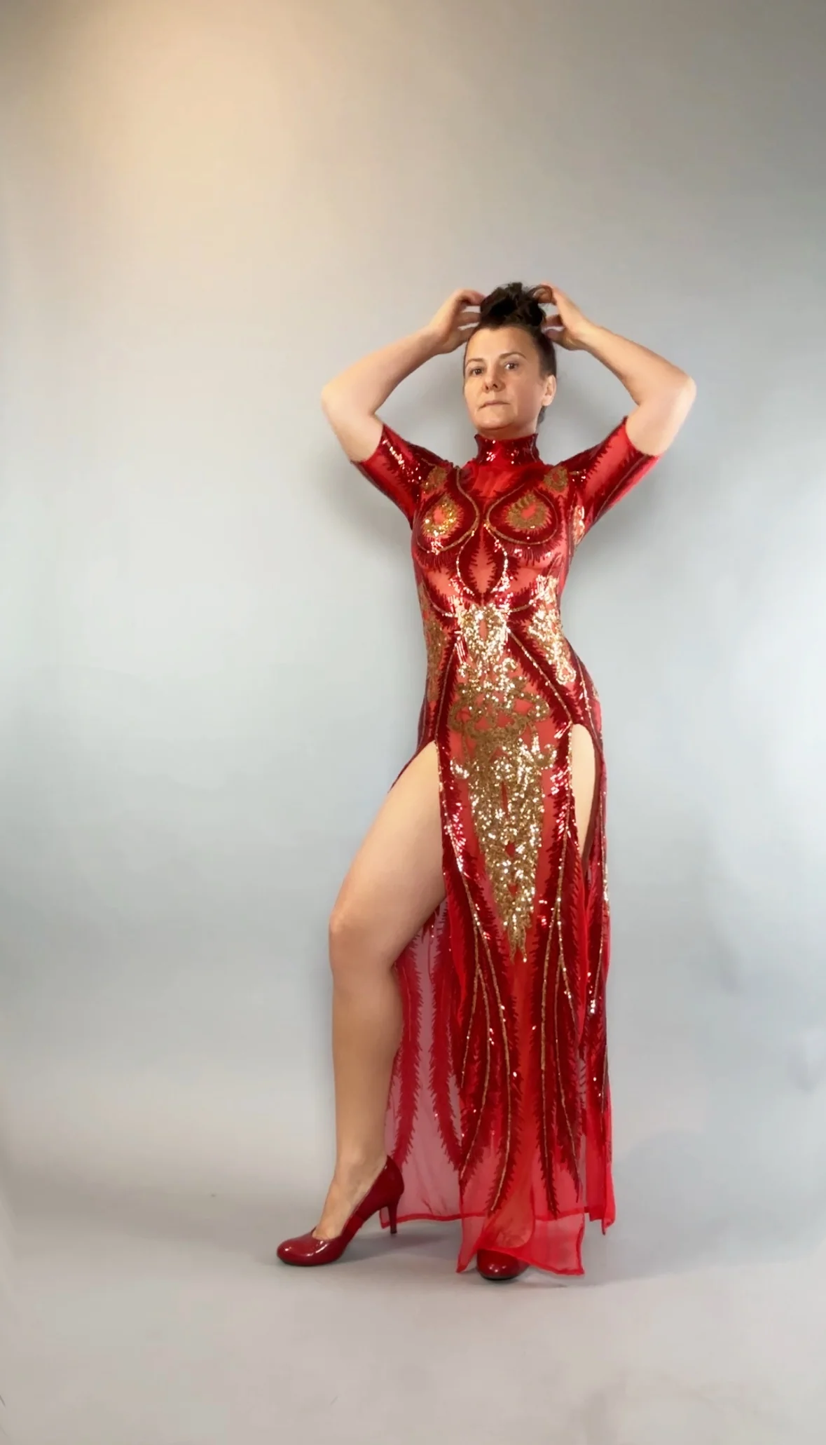 Red and Gold Sequin Dress, Sleeveless Sheer Maxi Gown, Thigh High Slits, Scoop Neck Party Outfit, Hand Accessories, Open Back - Image 9