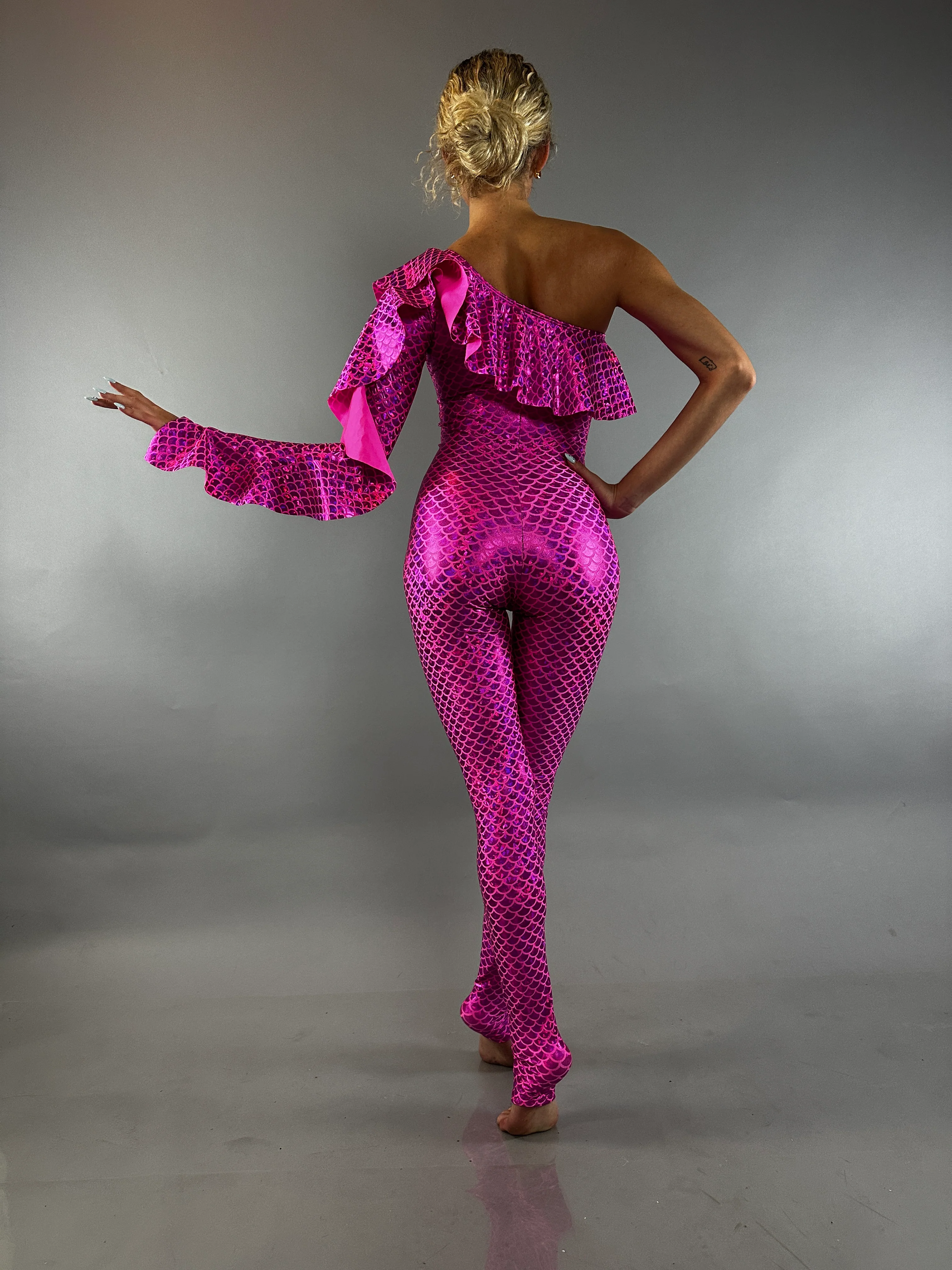 Pink Holographic Fish Scale Catsuit, Asymmetrical One Shoulder Ruffle Bodysuit - Image 2