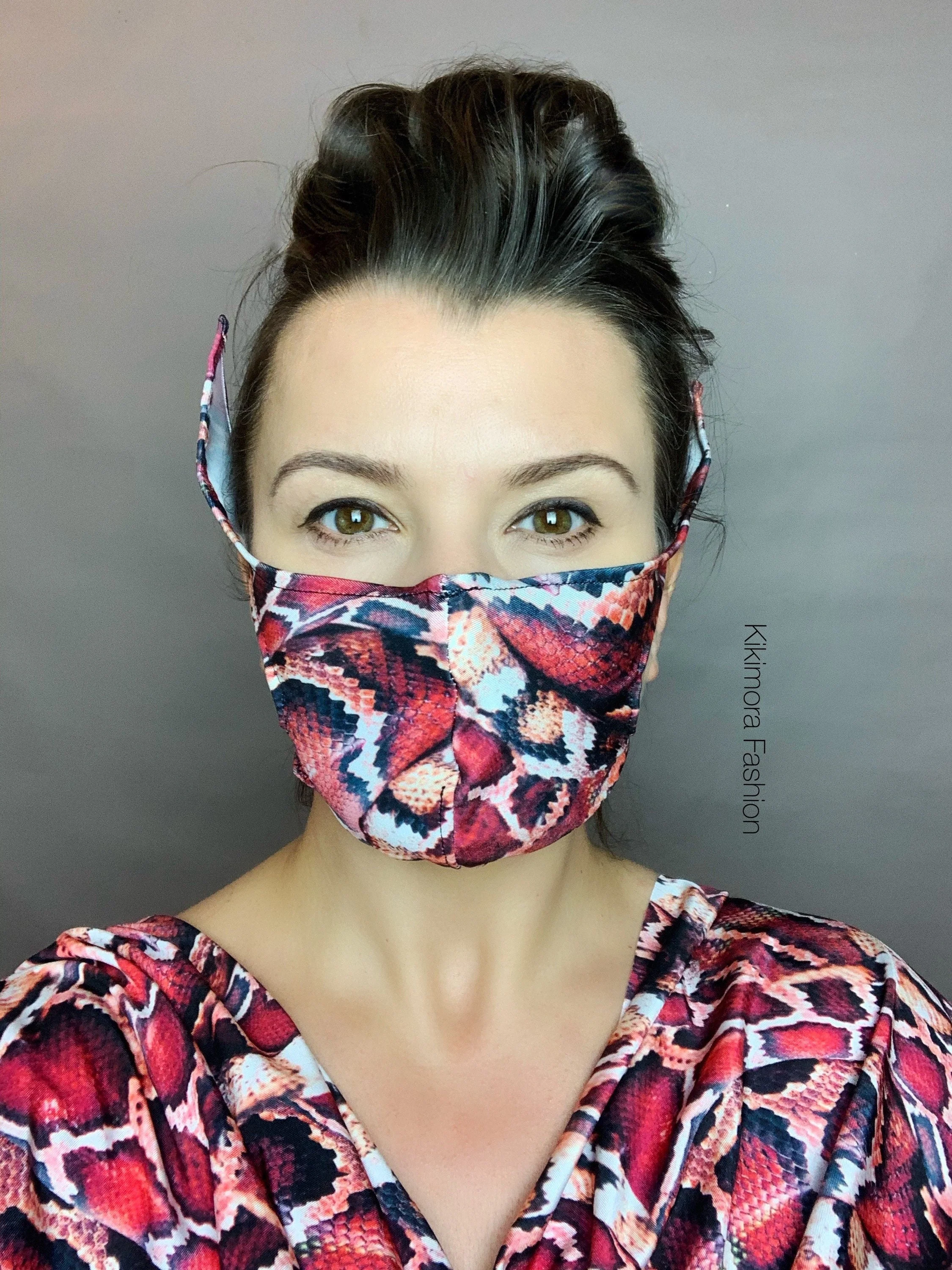 Red Snake Print Elf Ears Mask, Alien Cosplay Face Cover, Reptile Pattern Reusable Mask, Fantasy Costume Accessory, Pointed Ear Mask - Image 3