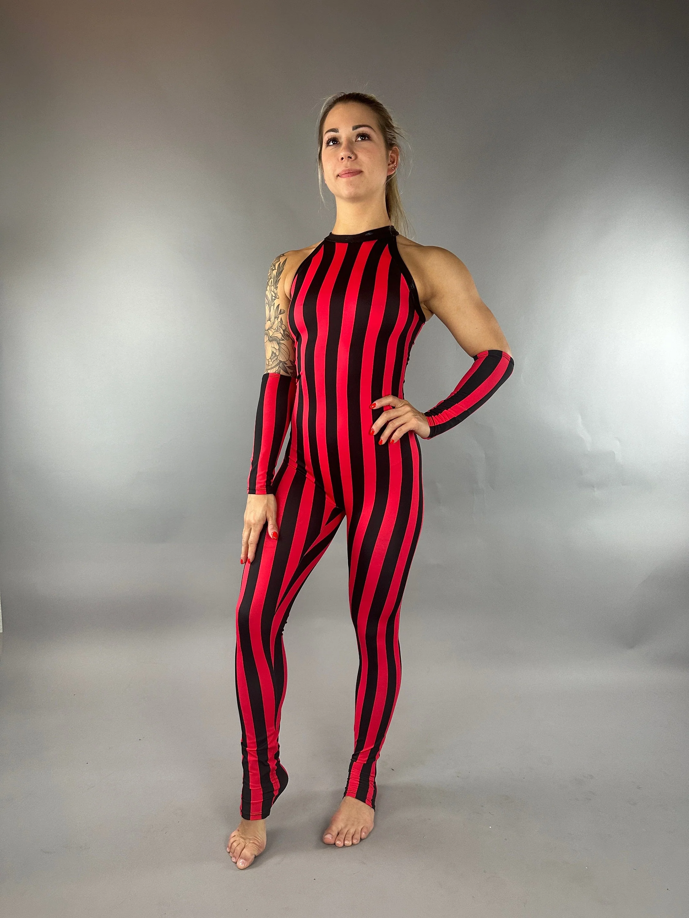 Red and Black Stripes Catsuit, Sleeveless Jumpsuit, Halterneck Full Bodysuit with Hand Accessories - Image 12