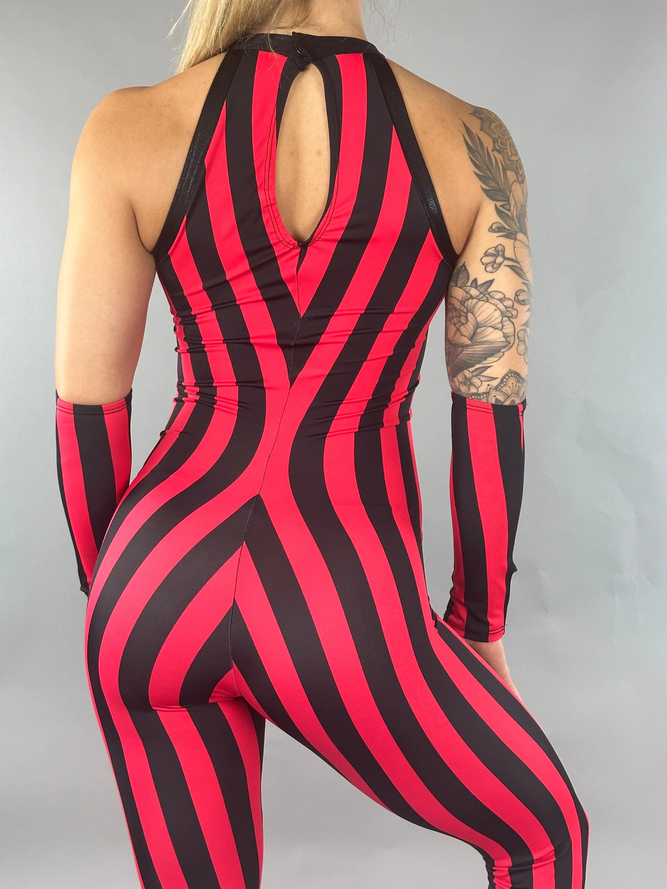 Red and Black Stripes Catsuit, Sleeveless Jumpsuit, Halterneck Full Bodysuit with Hand Accessories - Image 13