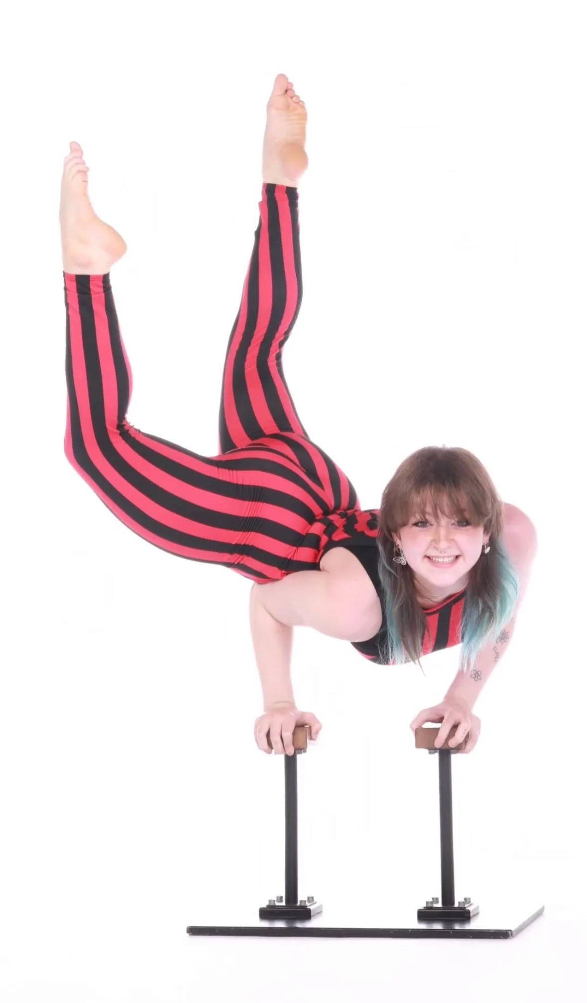 Red and Black Stripes Catsuit, Sleeveless Jumpsuit, Halterneck Full Bodysuit with Hand Accessories - Image 8