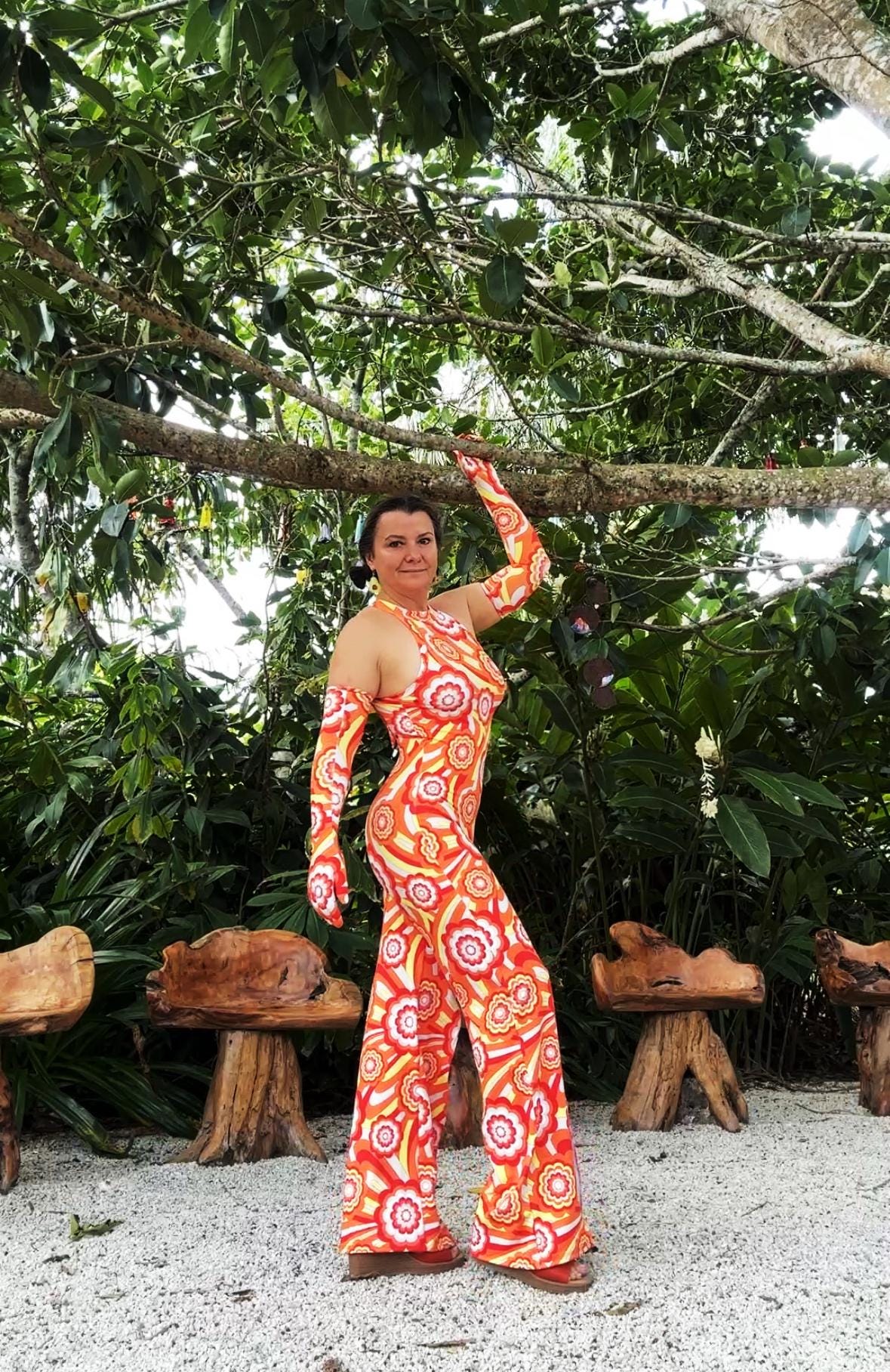 Orange Retro Floral Halter Neck Jumpsuit With Detachable Bell Sleeves - Image 6