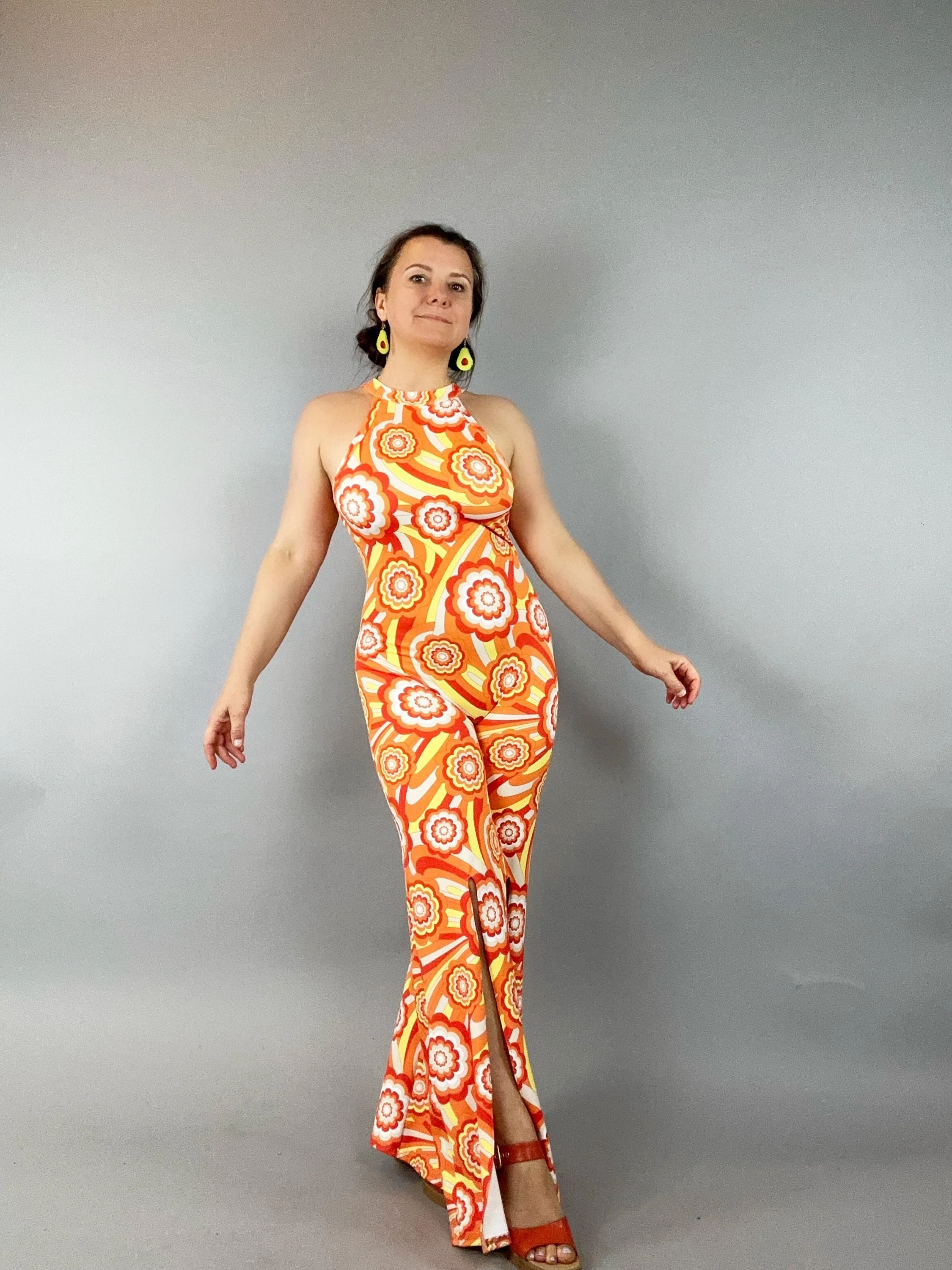 Orange Retro Floral Halter Neck Jumpsuit With Detachable Bell Sleeves - Image 8