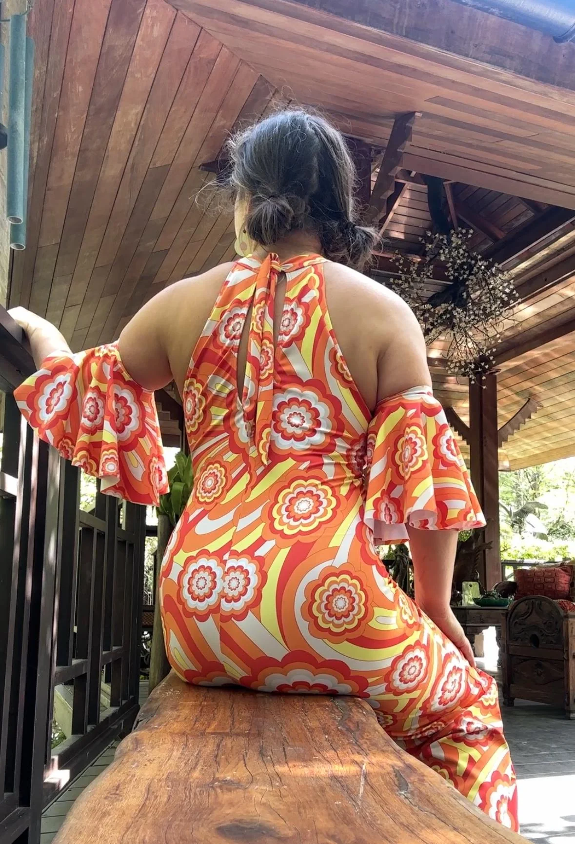 Orange Retro Floral Halter Neck Jumpsuit With Detachable Bell Sleeves - Image 9