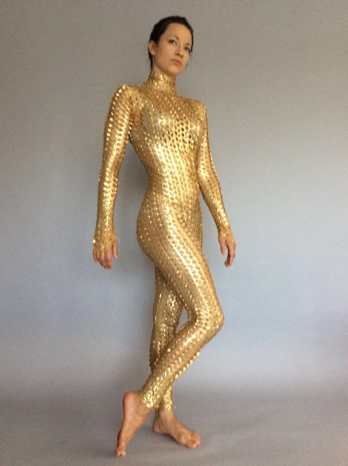 Metallic Gold Spiky Catsuit, Futuristic Robot Spandex Jumpsuit, Full Body Stretch Bodysuit with 3D Texture, Shiny Performance Wear - Image 2